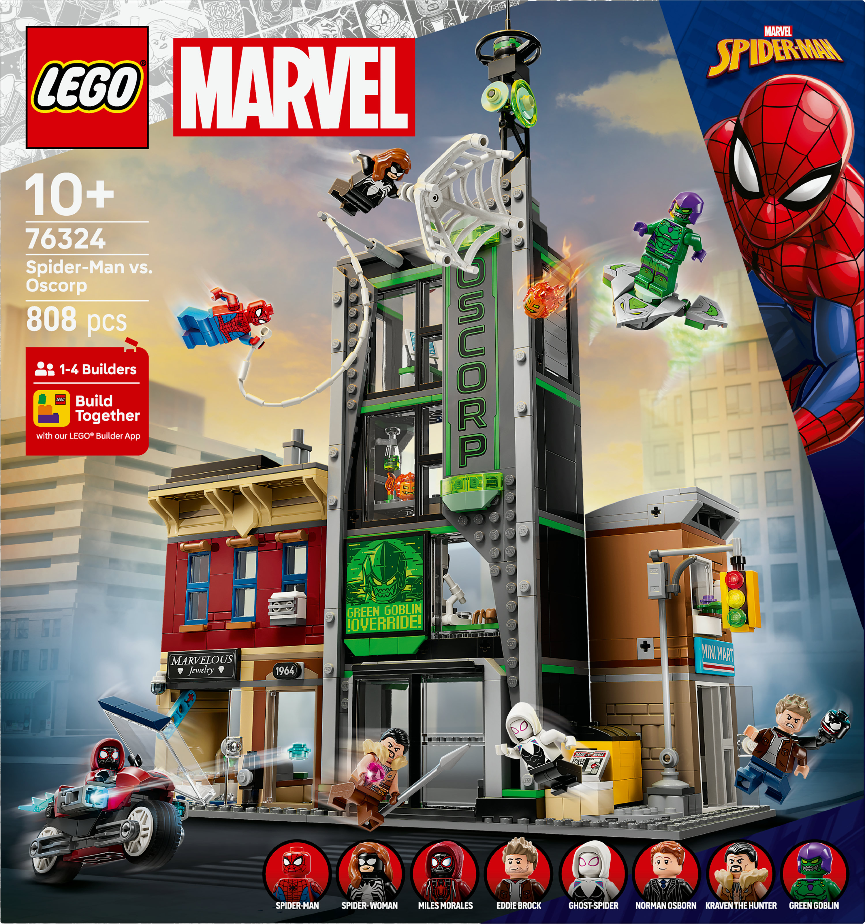 Zestaw Lego przedstawiający Spider-Mana kontra budynek Oscorp z minifigurkami, w tym Spider-Manem i Zielonym Goblinem, oraz motocyklem.