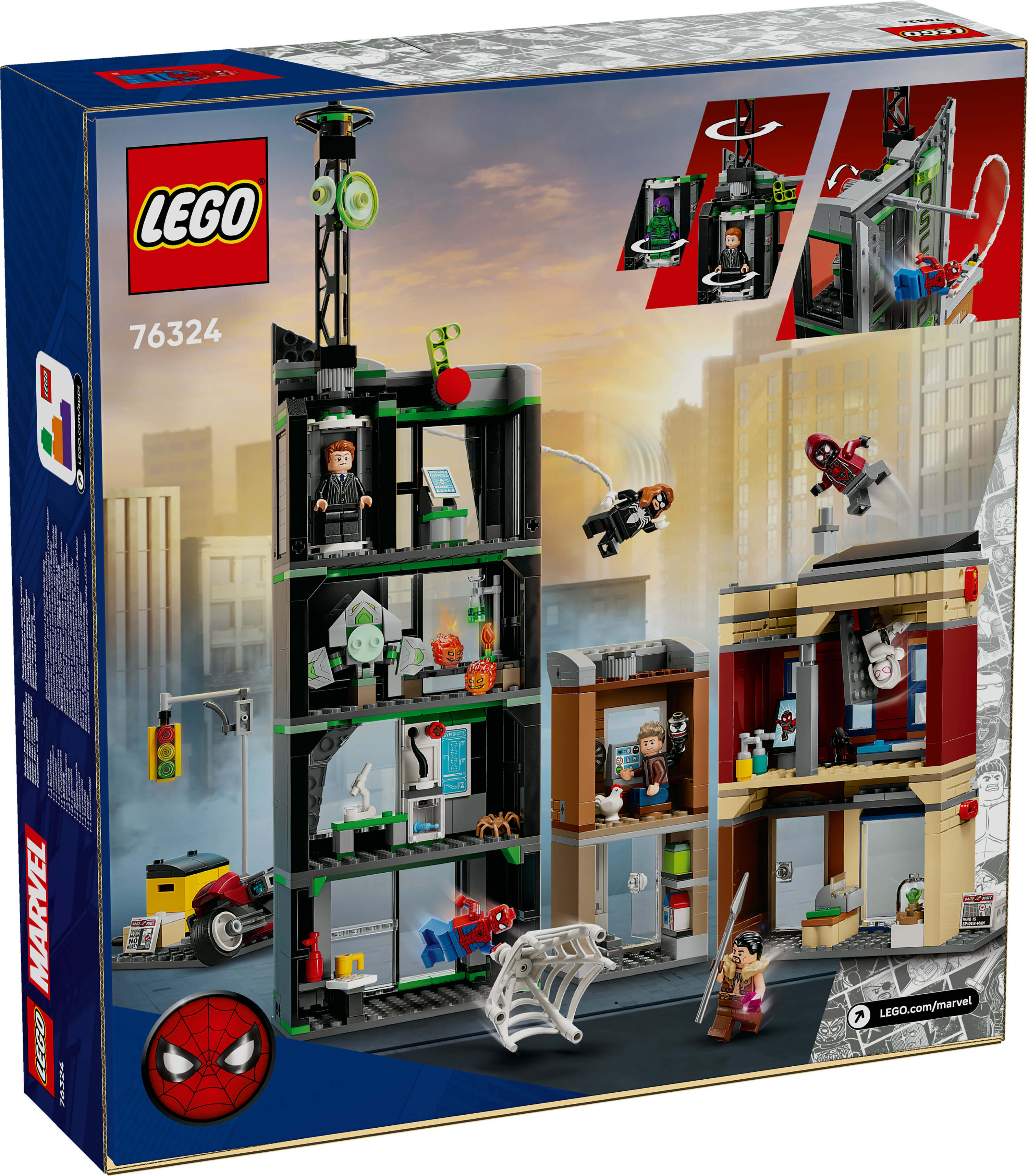 Zestaw Lego przedstawiający scenę z postaciami Spider-Mana w miejskim otoczeniu. Pudełko ma logo Lego i Marvel.