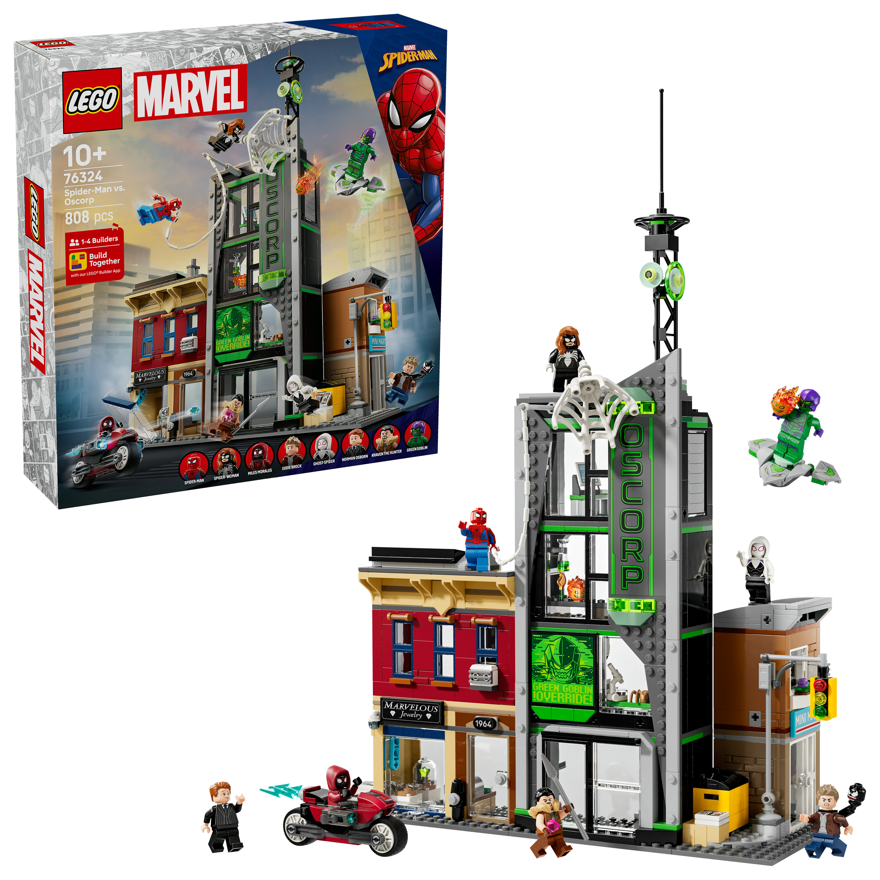 Zestaw Lego przedstawiający Spider-Mana kontra budynek Oscorp z różnymi minifigurkami i pojazdami.