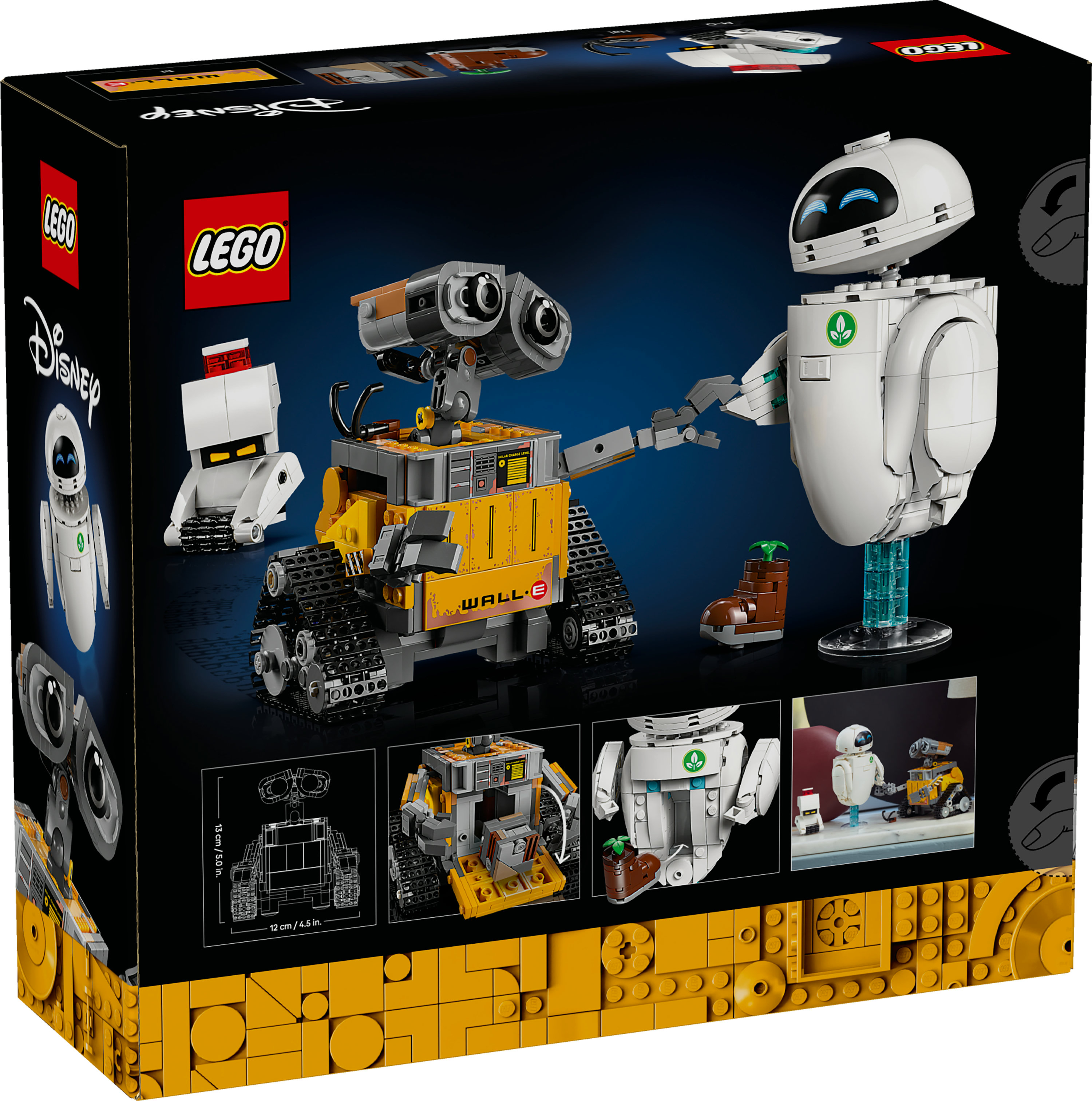 Pudełko LEGO z modelami robotów WALL-E i EVE oraz mniejszymi figurkami robotów na czarnym tle.