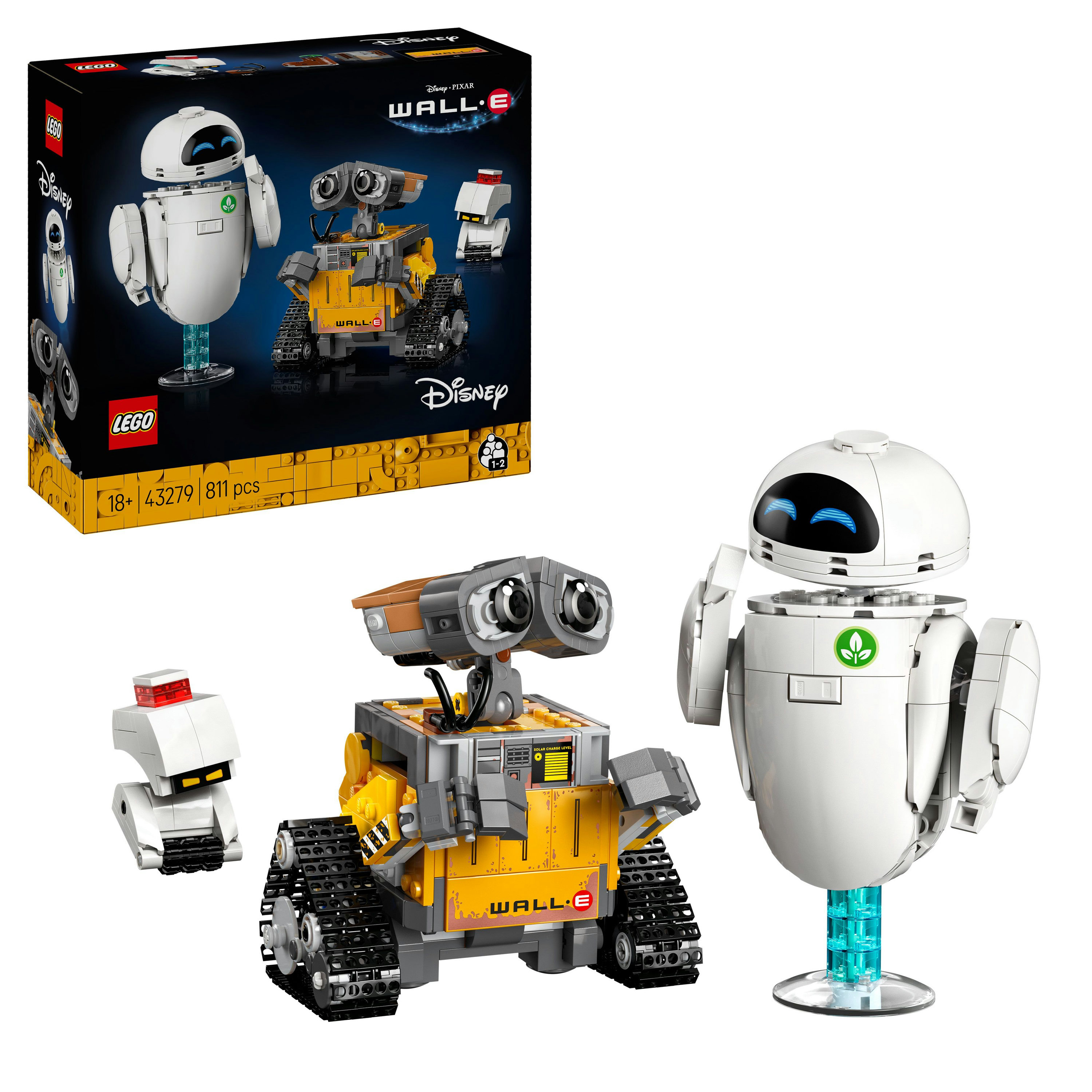 Zestaw LEGO z WALL-E, EVE i małym robotem. Zawiera grafikę pudełka i złożone modele. Białe tło.