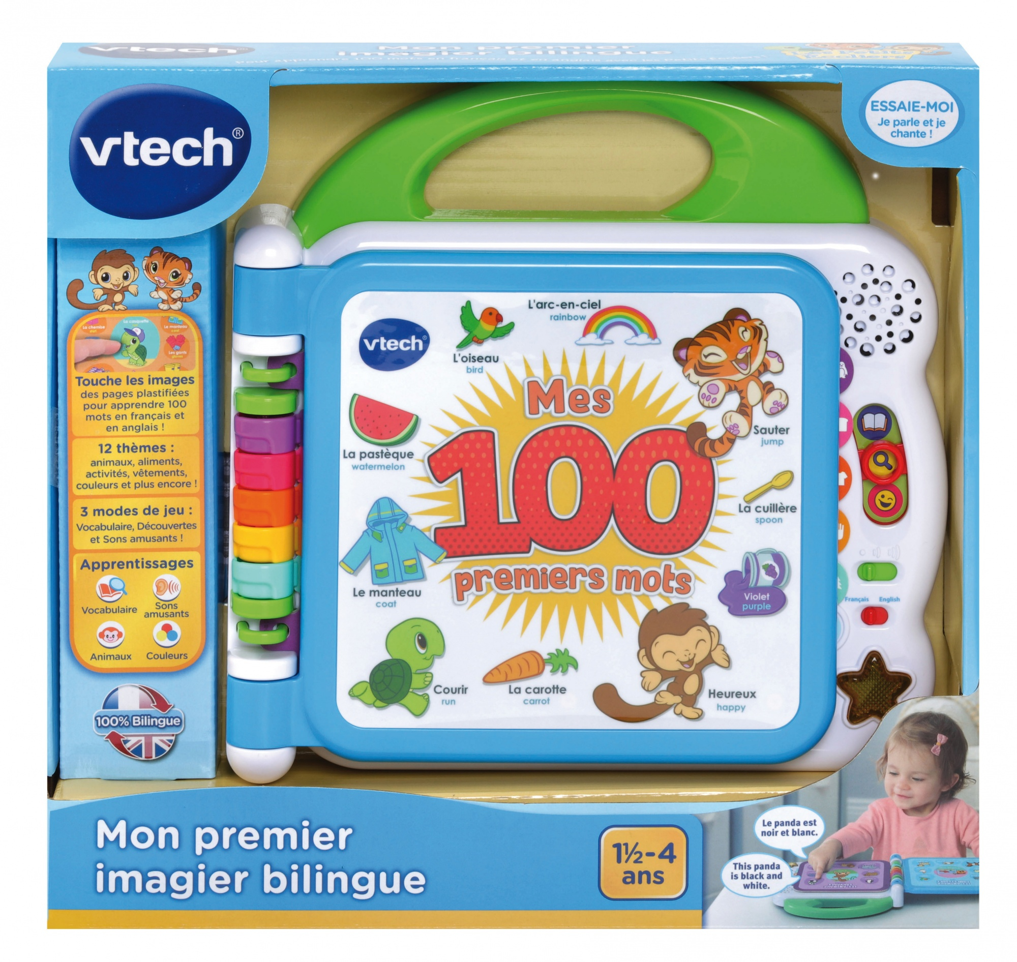 Giocattolo VTech in scatola con manico. Presenta parole, immagini e l'immagine di un bambino. Contiene numeri e illustrazioni colorate.