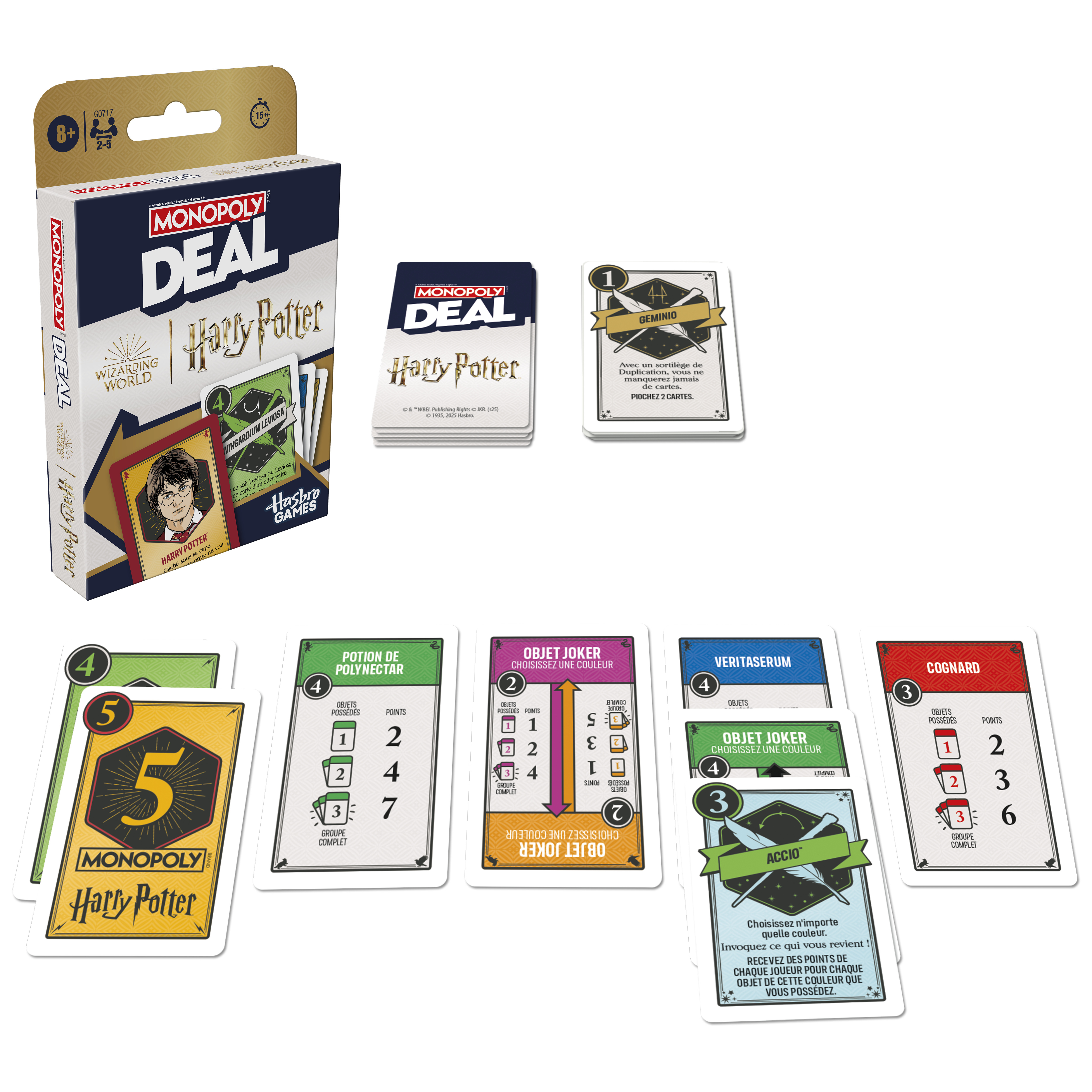 Monopoly Deal Harry Potter-spelset met zichtbare kaarten. Doos en kaarten tonen Harry Potter-personages en speld details.