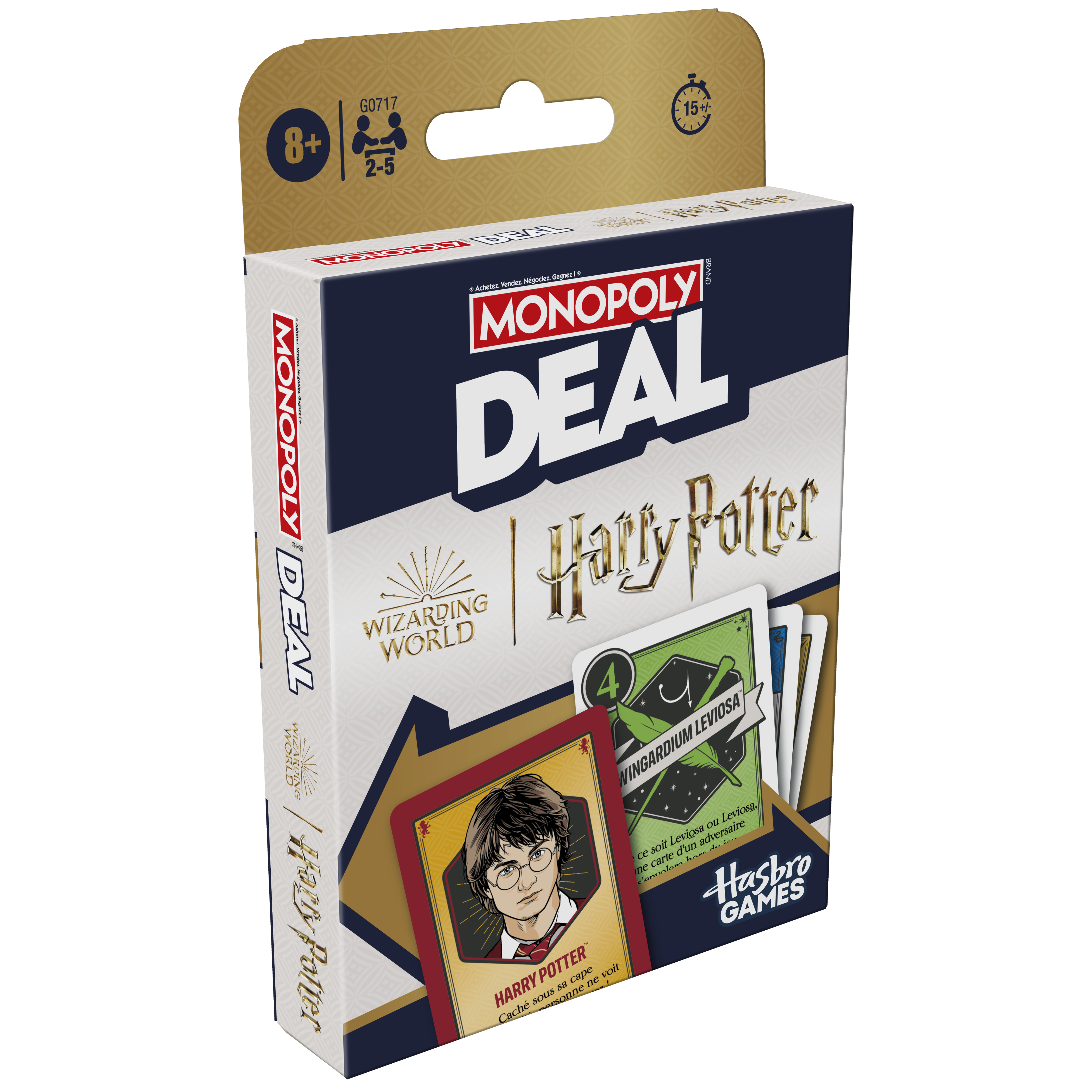 Monopoly Deal Harry Potter speldoos. Toont Harry Potter kaart en Wingardium Leviosa kaart.