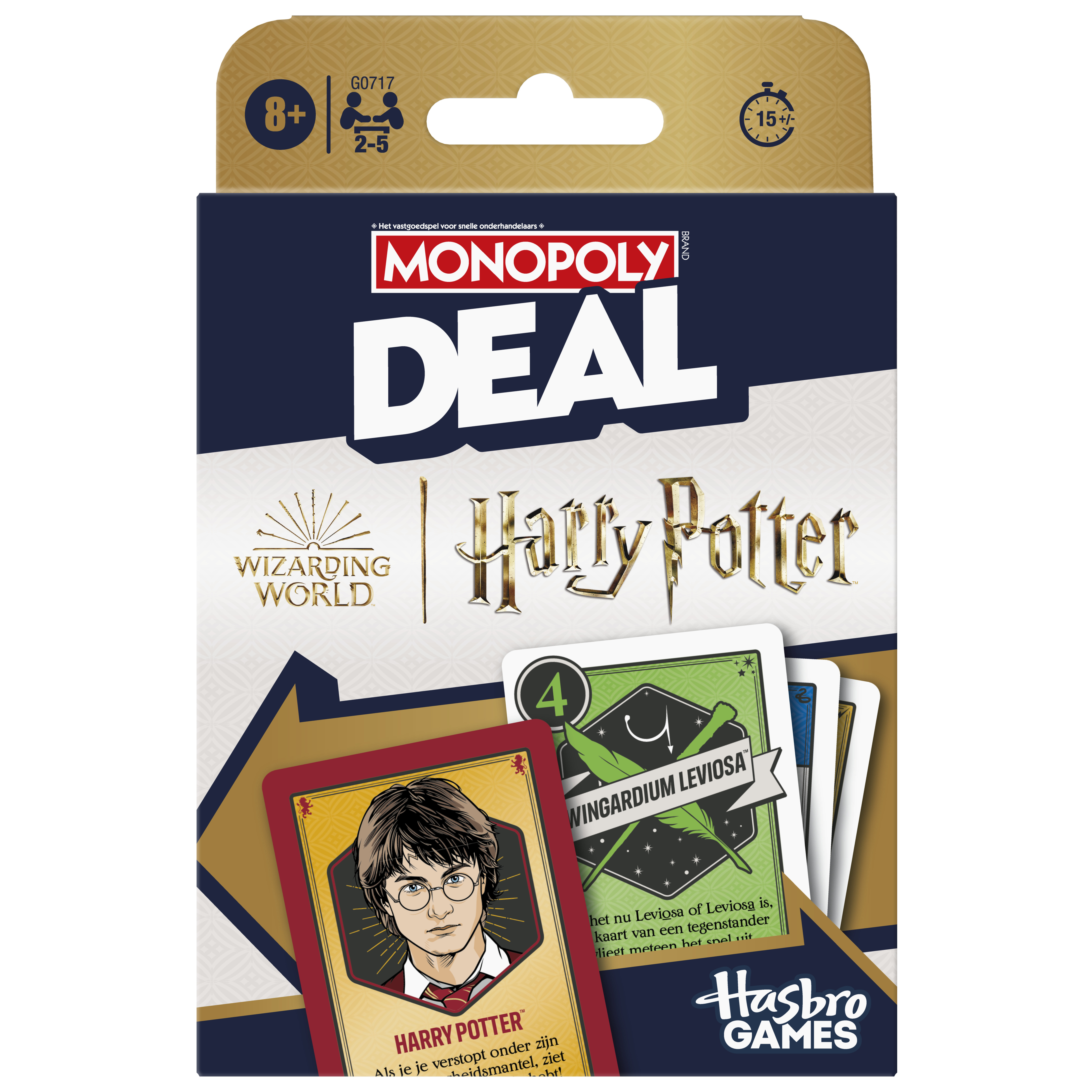 Doos van Monopoly Deal Harry Potter kaartspel. De doos toont speelkaarten met Harry Potter en Wingardium Leviosa.