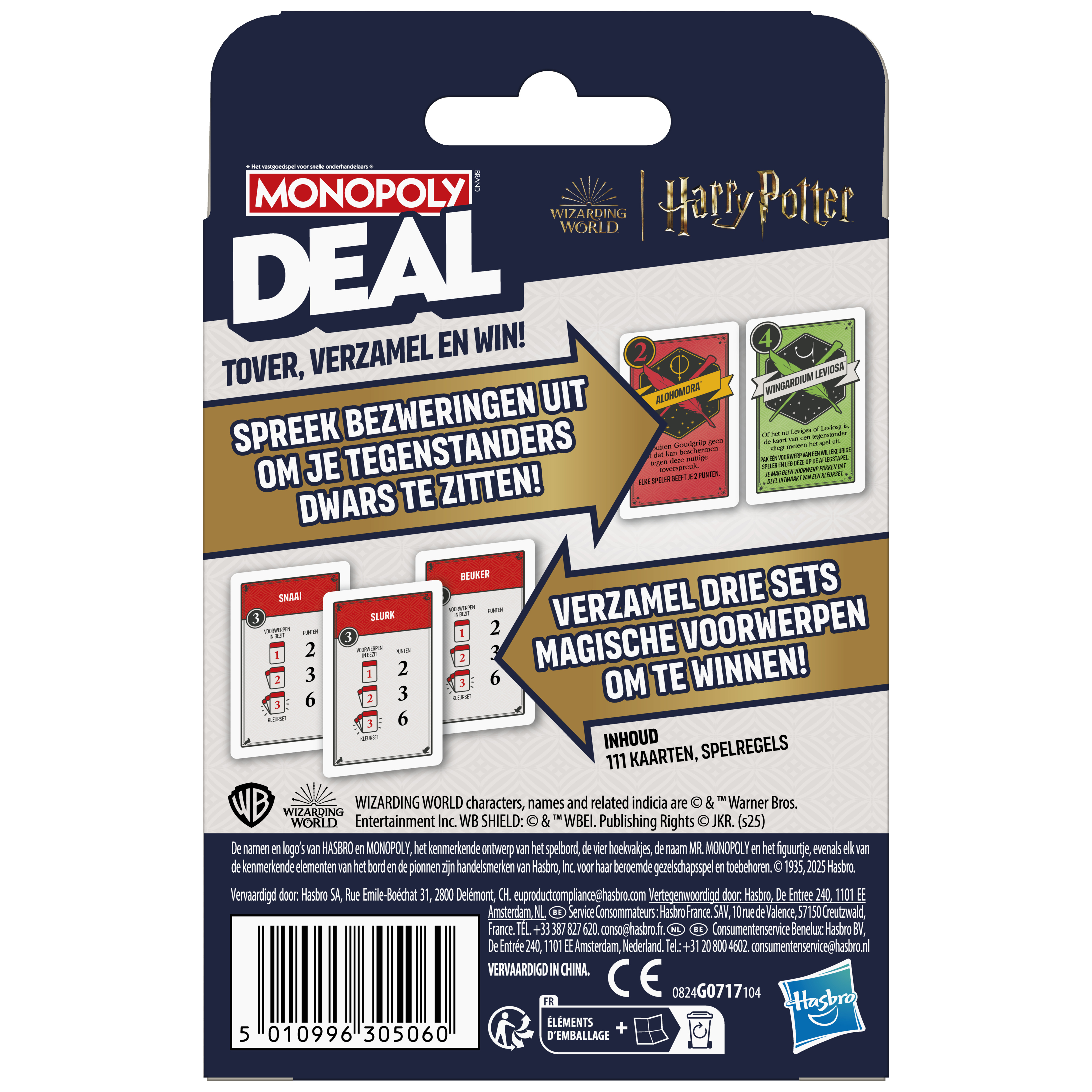 Monopoly Deal kaartspel doos. Bevat kaarten, logo's en tekst in het Nederlands, met een Harry Potter thema.