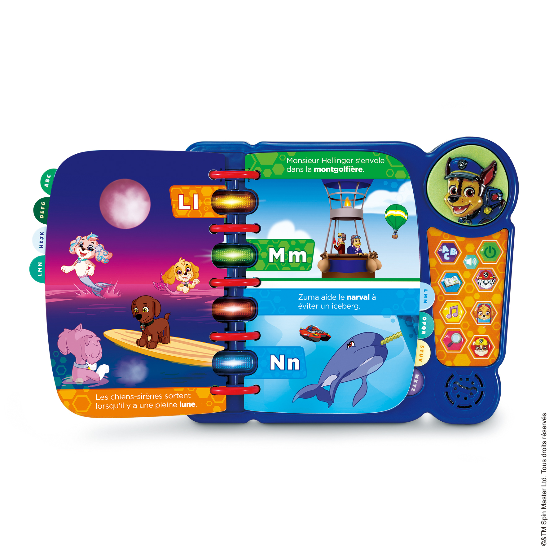 Un libro giocattolo di Paw Patrol. Mostra Zuma con un narvalo, Chase e altri personaggi. C'è del testo in francese.