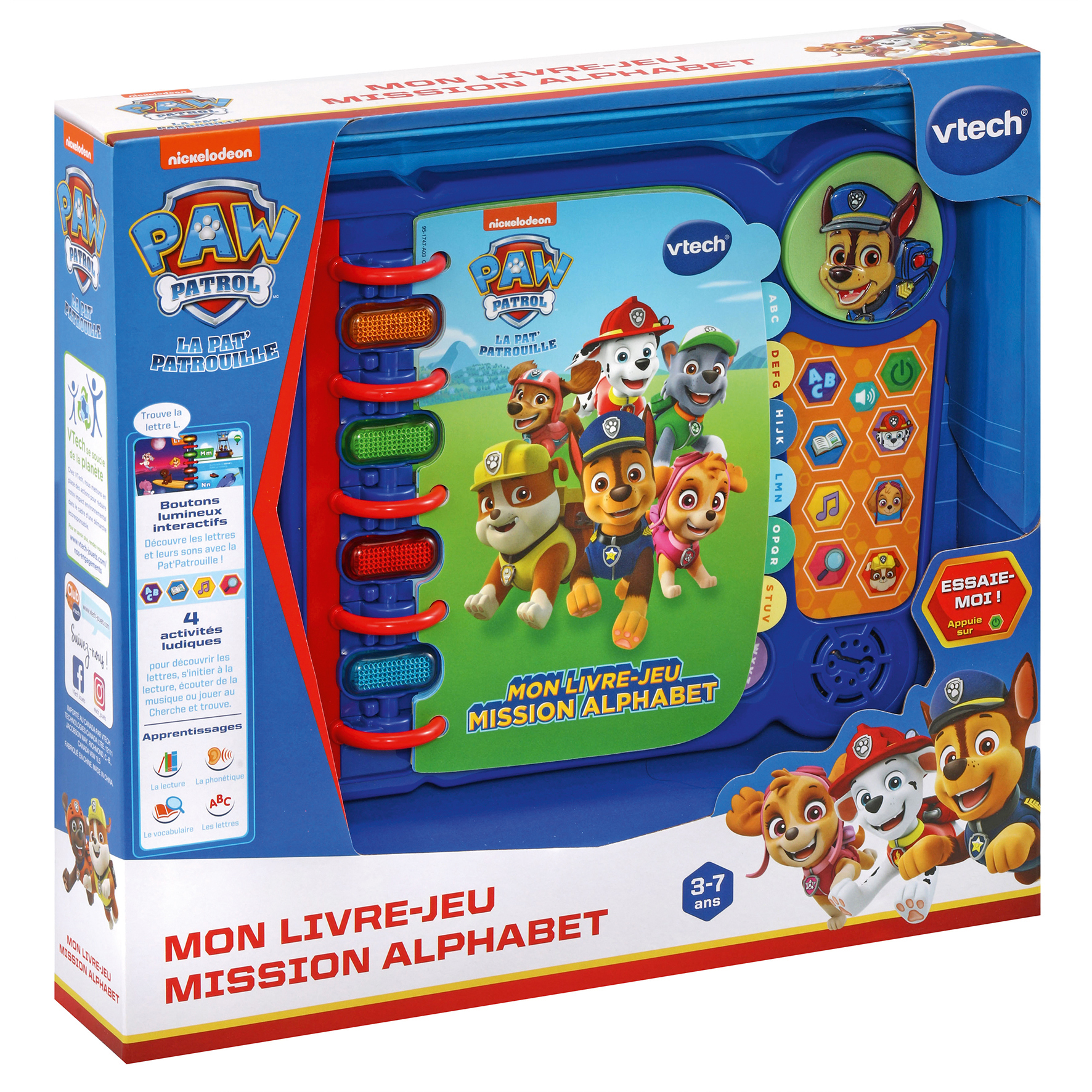 Un giocattolo a libro dell'alfabeto Paw Patrol con personaggi. Ha pulsanti, luci e attività di apprendimento per bambini.