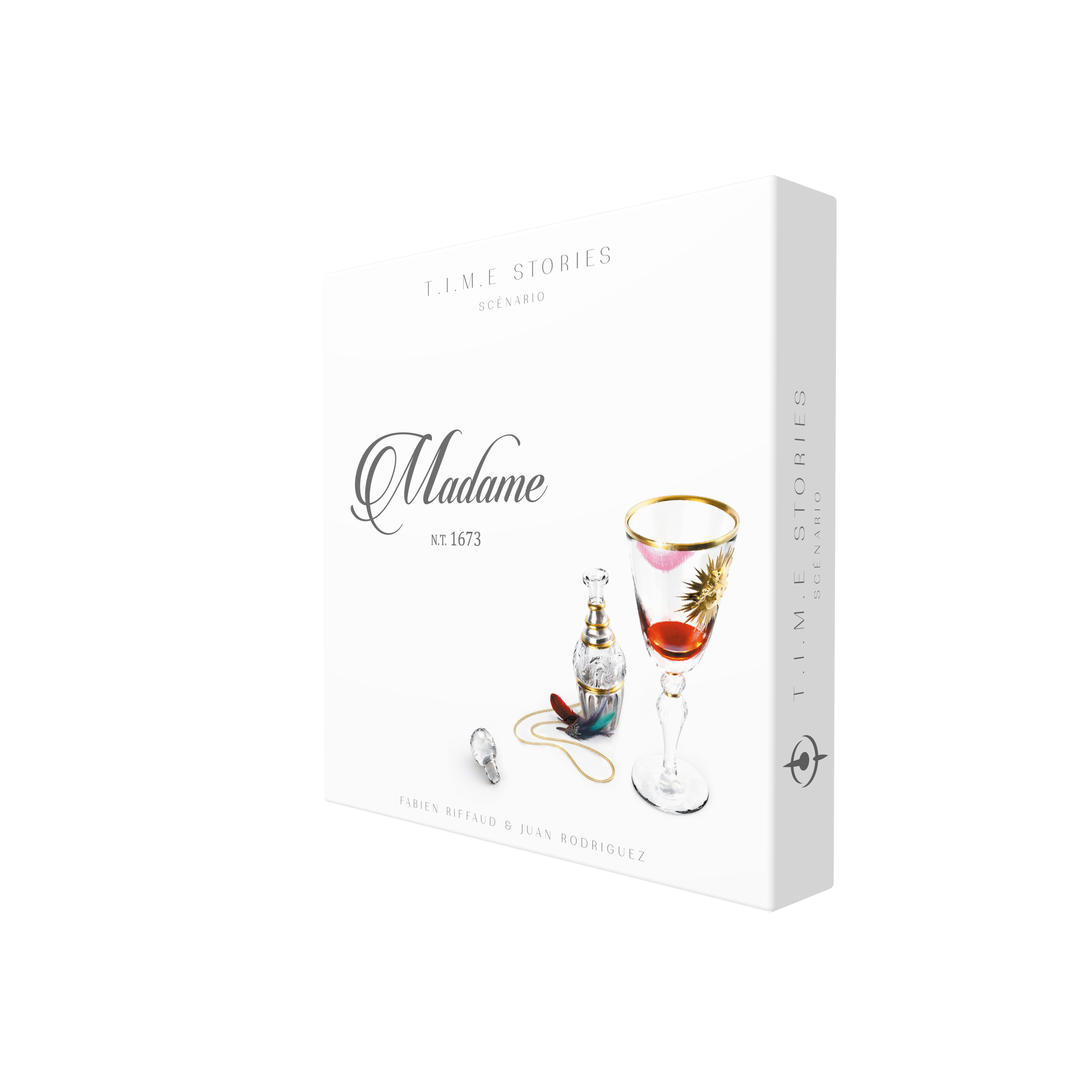 Schachtelkunst für das Szenario 'Madame'. Enthält ein Glas mit roter Flüssigkeit, eine Parfümflasche und Schmuck auf weißem Grund.