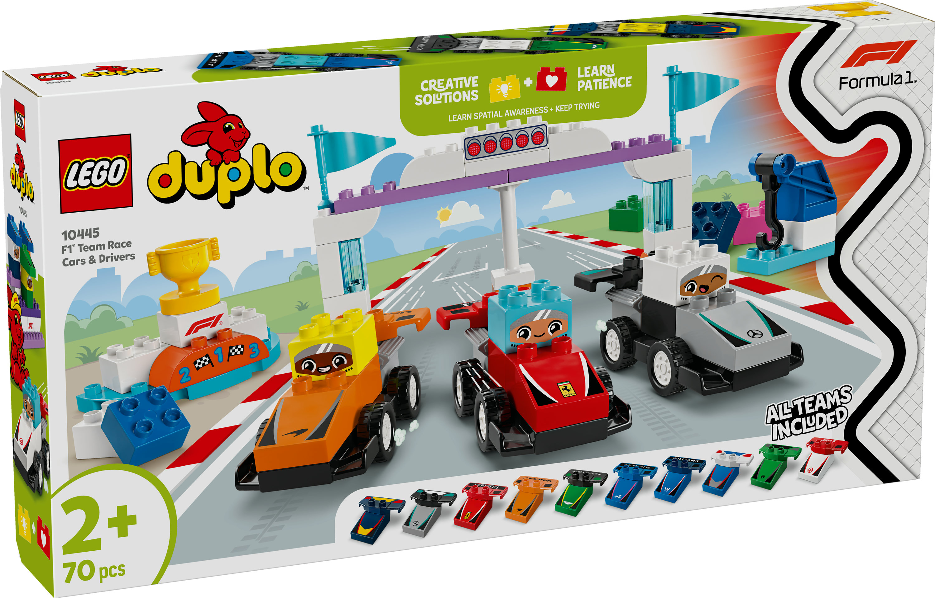 Pudełko zestawu wyścigowego Lego Duplo F1. Widoczne są samochody, kierowcy i elementy toru. Pudełko pokazuje linię mety i trofeum.