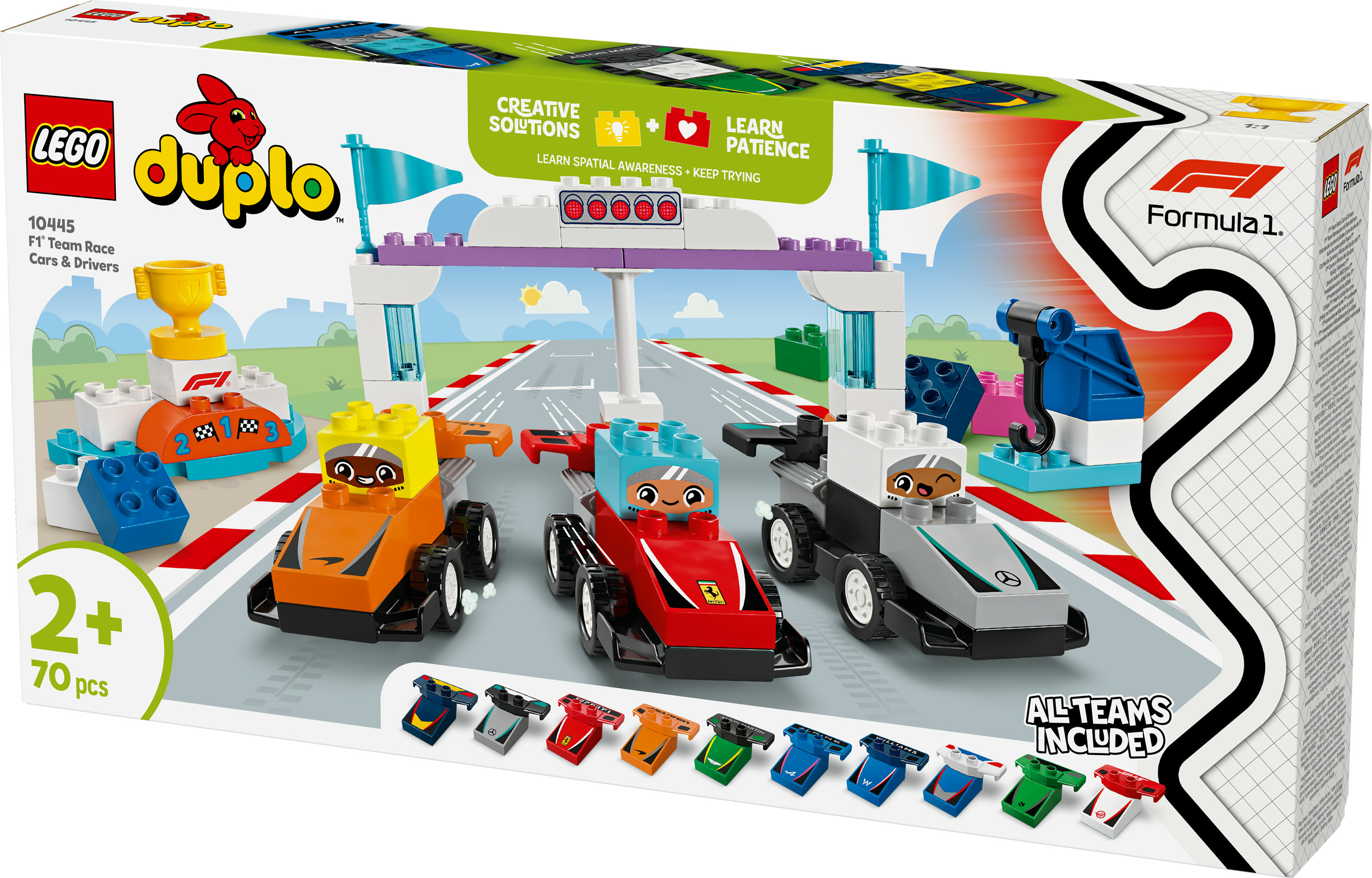 Pudełko zestawu wyścigowego Lego Duplo F1. Trzy samochody wyścigowe na torze z linią mety. Zawiera trofeum i małe samochody.