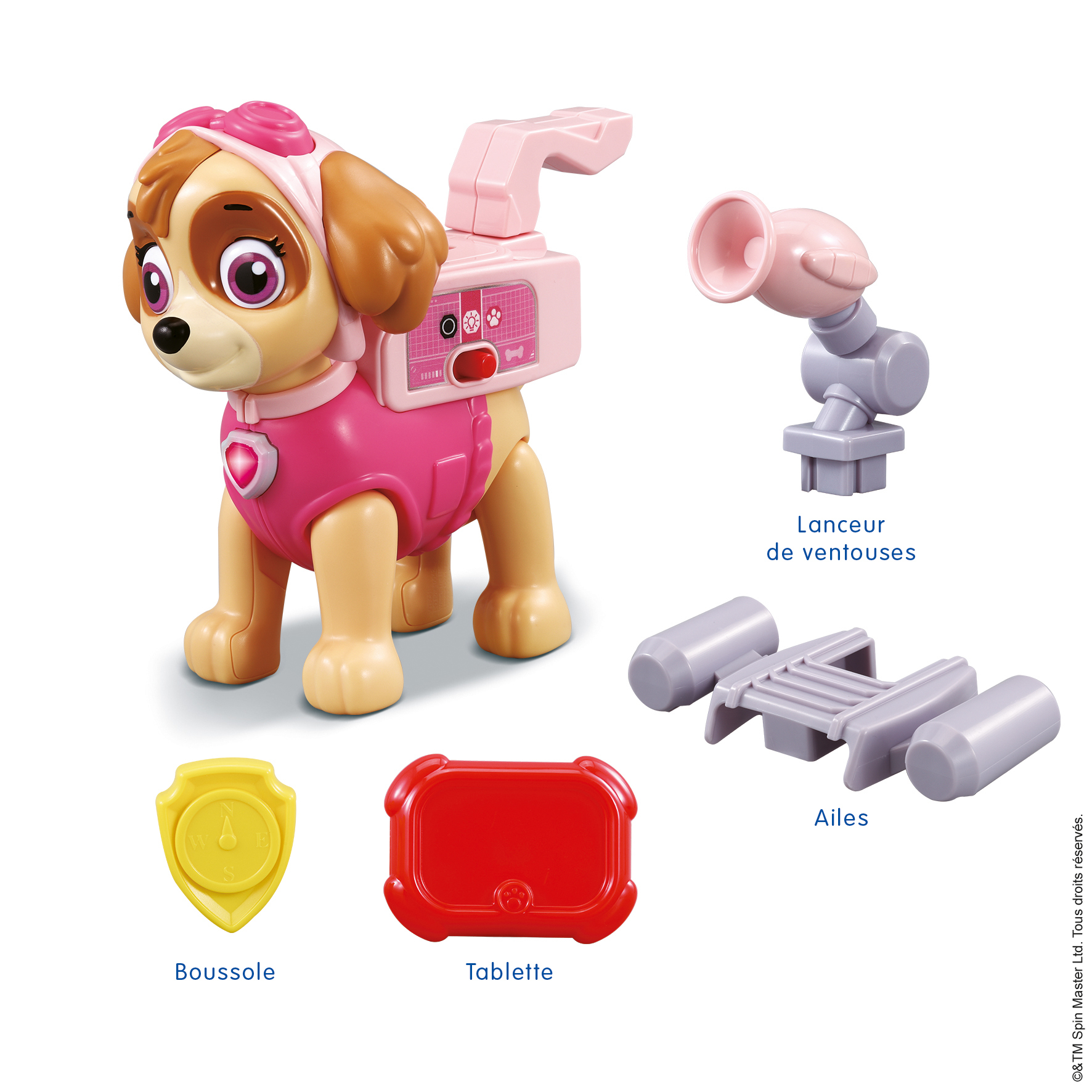 Eine Skye-Spielfigur mit Zubehör: Kompass, Tablet, Flügel, ein Werfer und ein Rucksack. Die Figur ist rosa und beige.