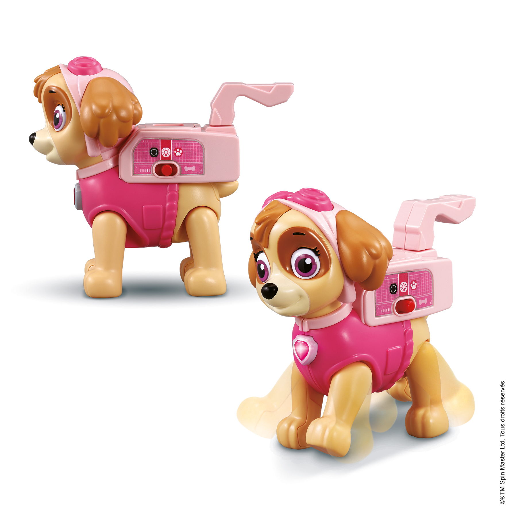 Zwei Skye-Spielzeuge von Paw Patrol. Sie haben rosa Westen und Helme mit einem Gerät auf dem Rücken. Einer steht, der andere sitzt.