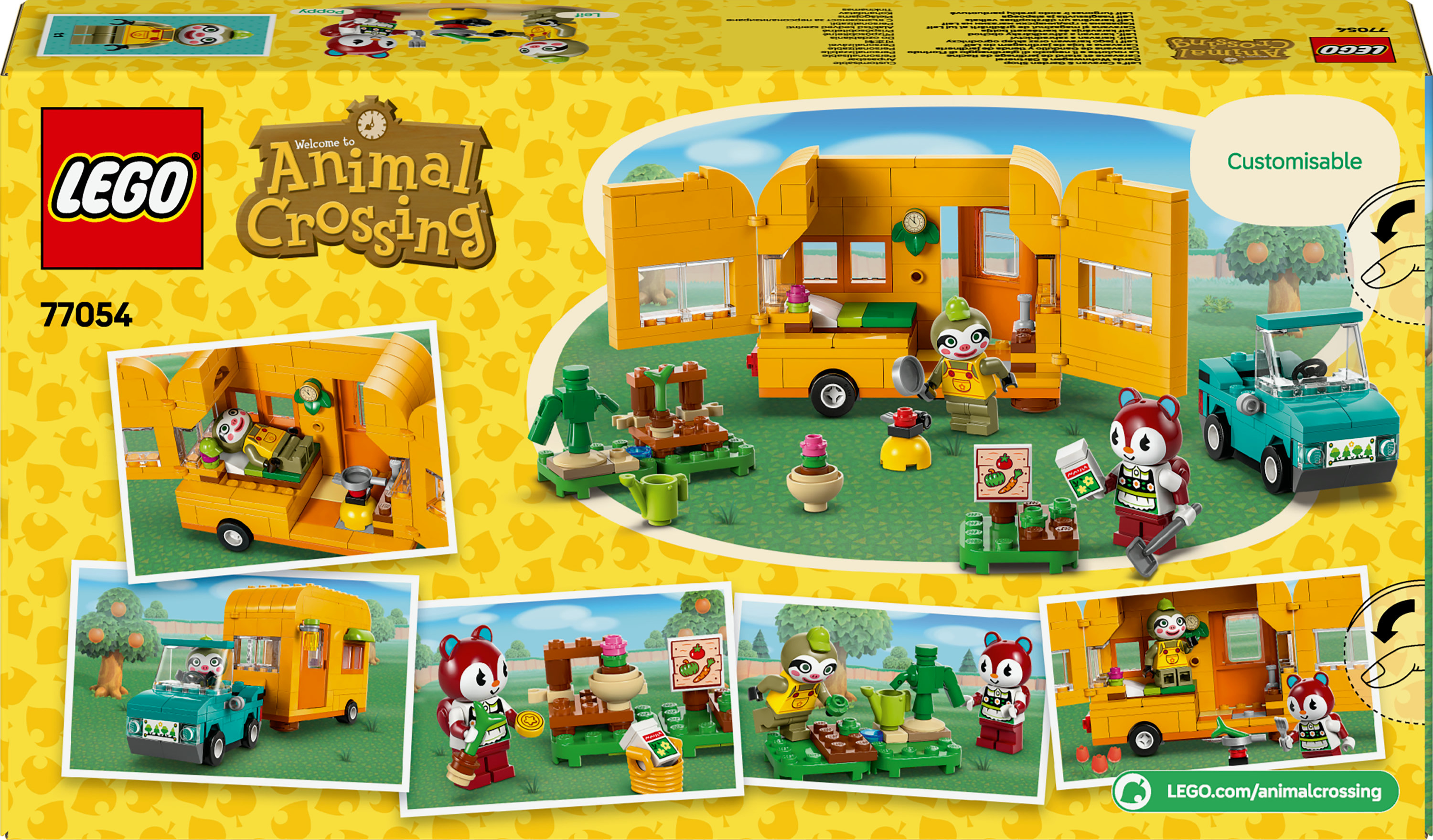 Pudełko zestawu LEGO Animal Crossing. Zawiera przyczepę, postacie, akcesoria i logo. Żółte tło ze wzorem liści.