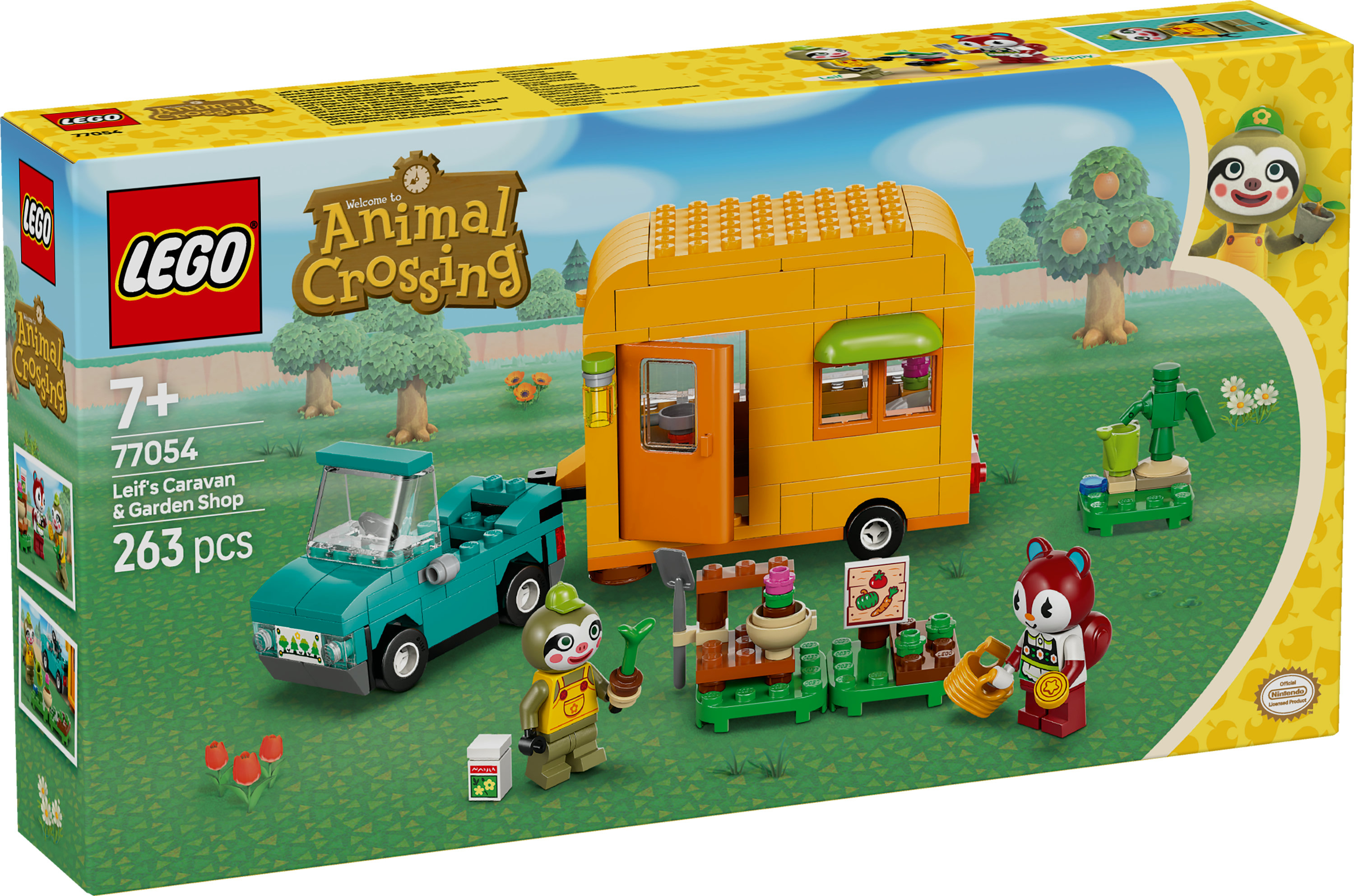 Zestaw Lego Animal Crossing. Zawiera żółtą przyczepę kempingową, zielony samochód i figurki leniwca i wiewiórki.