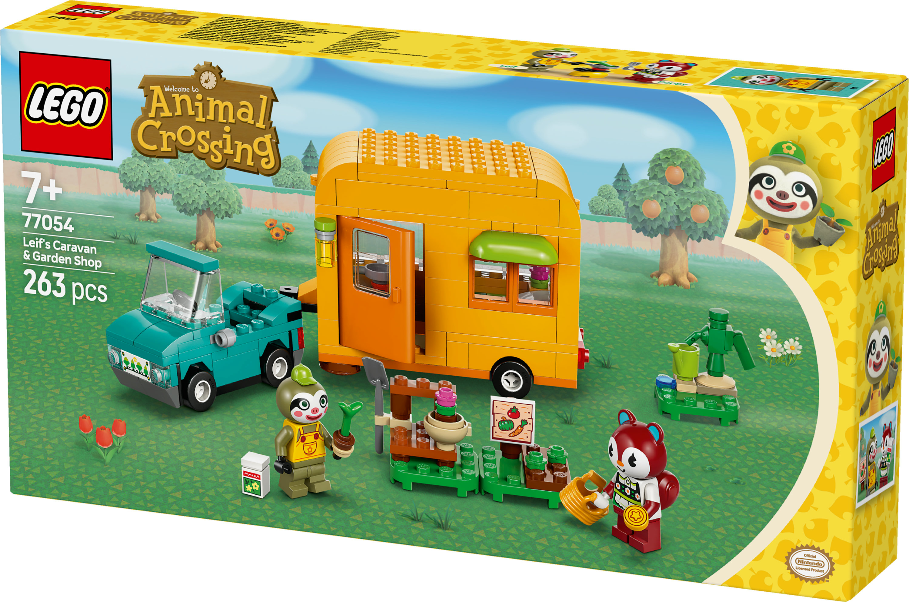Zestaw LEGO Animal Crossing. Zawiera żółtą przyczepę kempingową, turkusowy samochód i minifigurki Leifa i wiewiórki.
