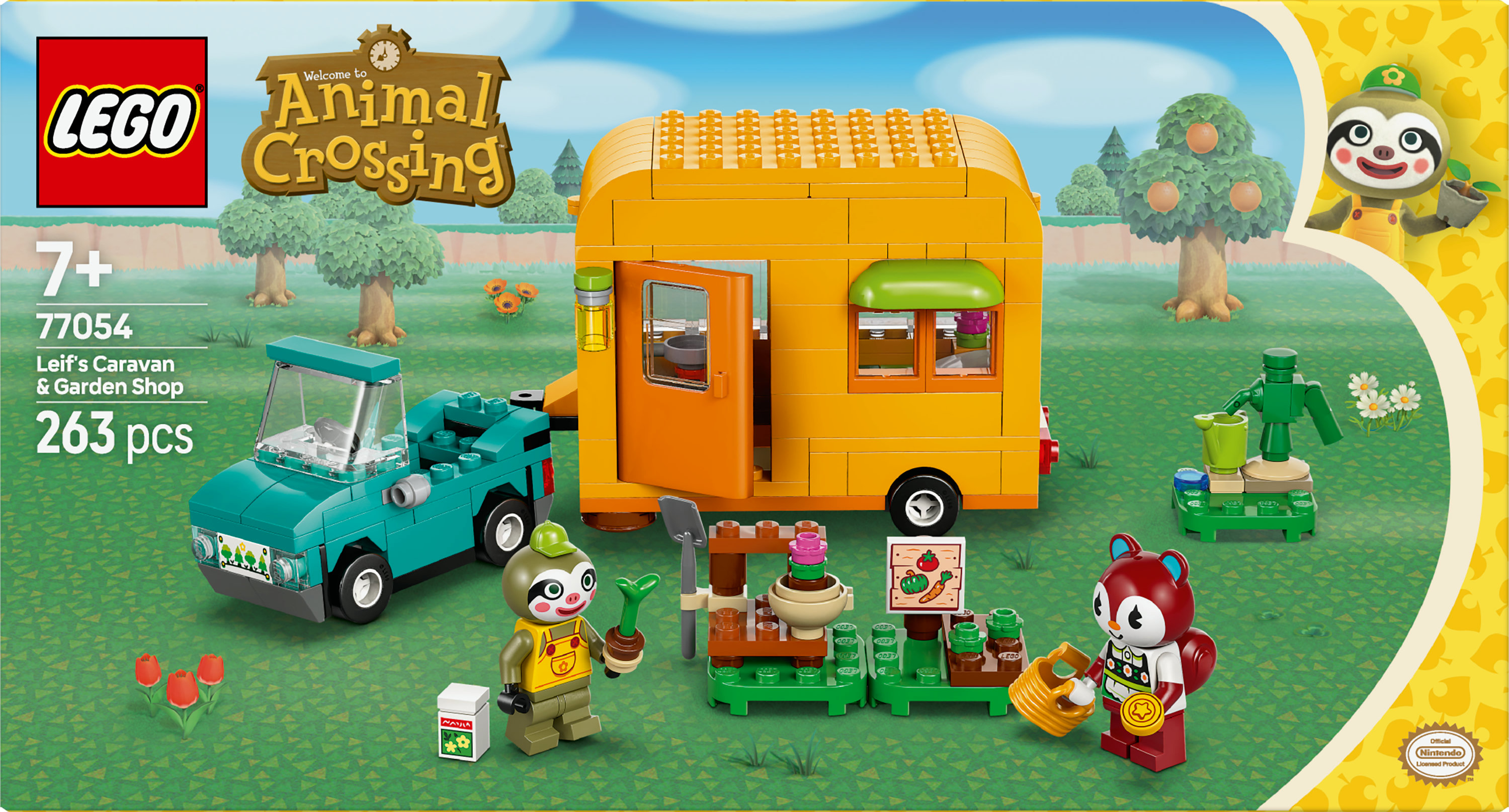 Zestaw LEGO: Animal Crossing, przyczepa kempingowa Leifa i sklep ogrodniczy. Zawiera żółty kamper, turkusowy samochód i figurki.
