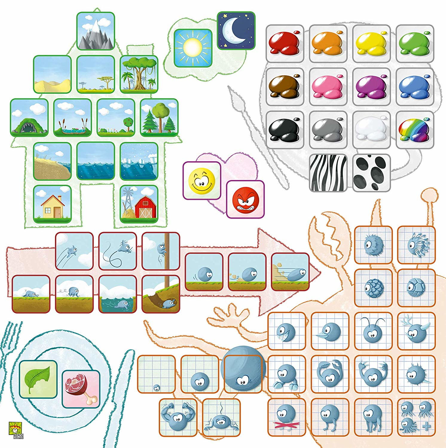 Un'illustrazione colorata con varie icone di paesaggi, emozioni e forme astratte, progettata per un gioco o per scopi educativi.