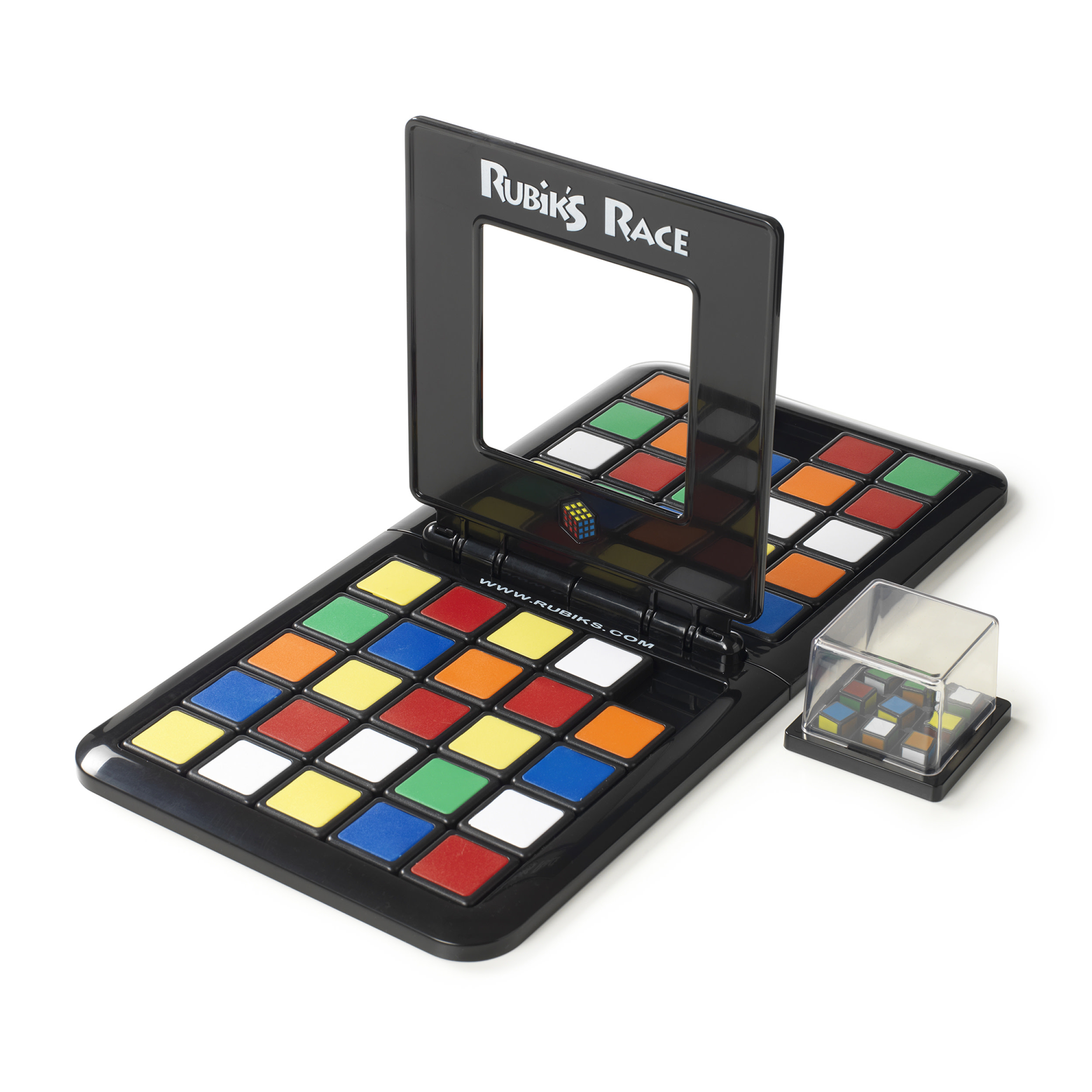 Juego Rubik's Race sobre blanco. Marco negro con cuadrados de colores. Cubo pequeño con cuadrados de colores en una caja transparente.