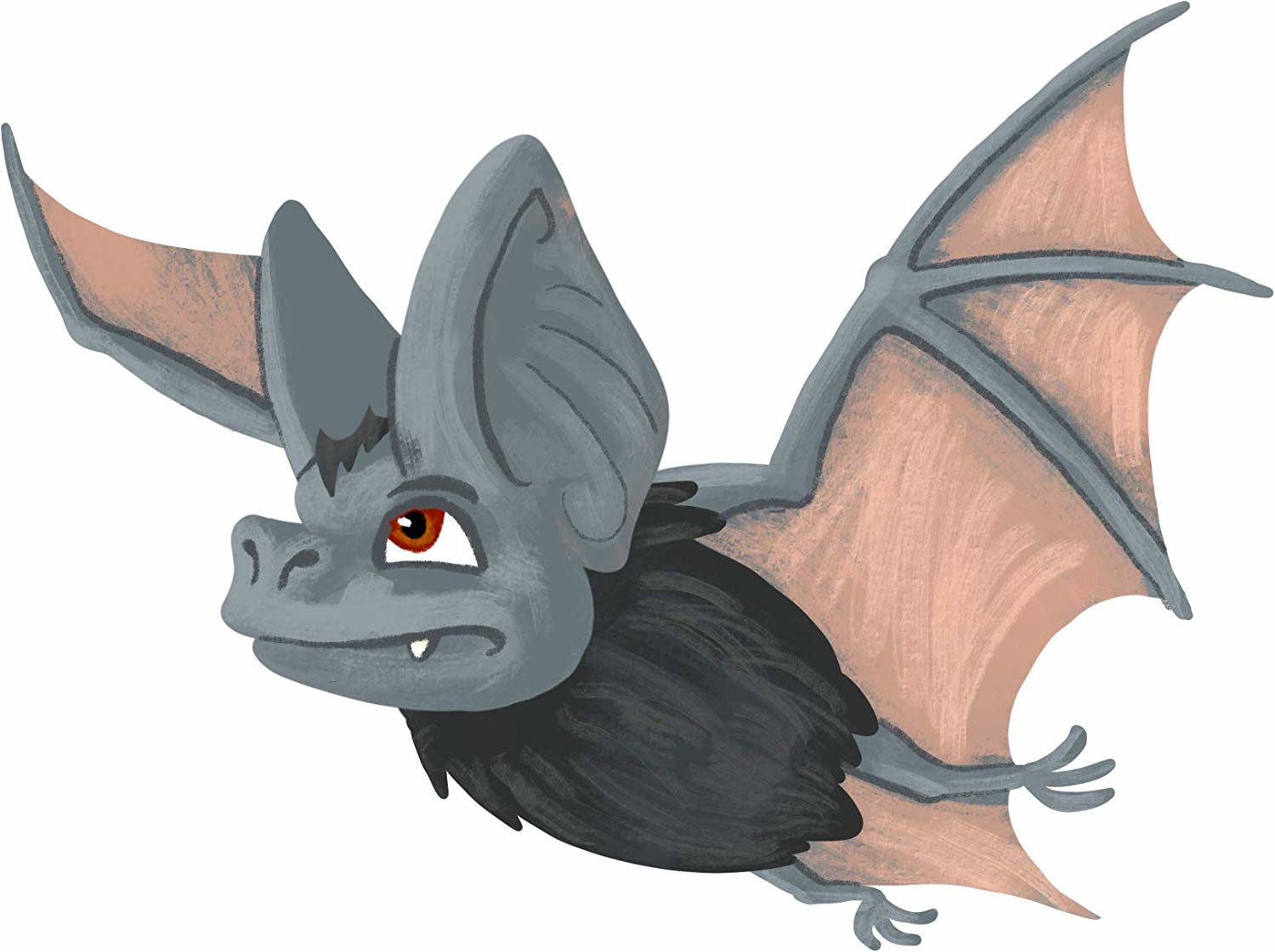 Un pipistrello dei cartoni animati vola. Ha pelliccia grigia, ali marroni e un'espressione arrabbiata. I suoi occhi sono rossi.