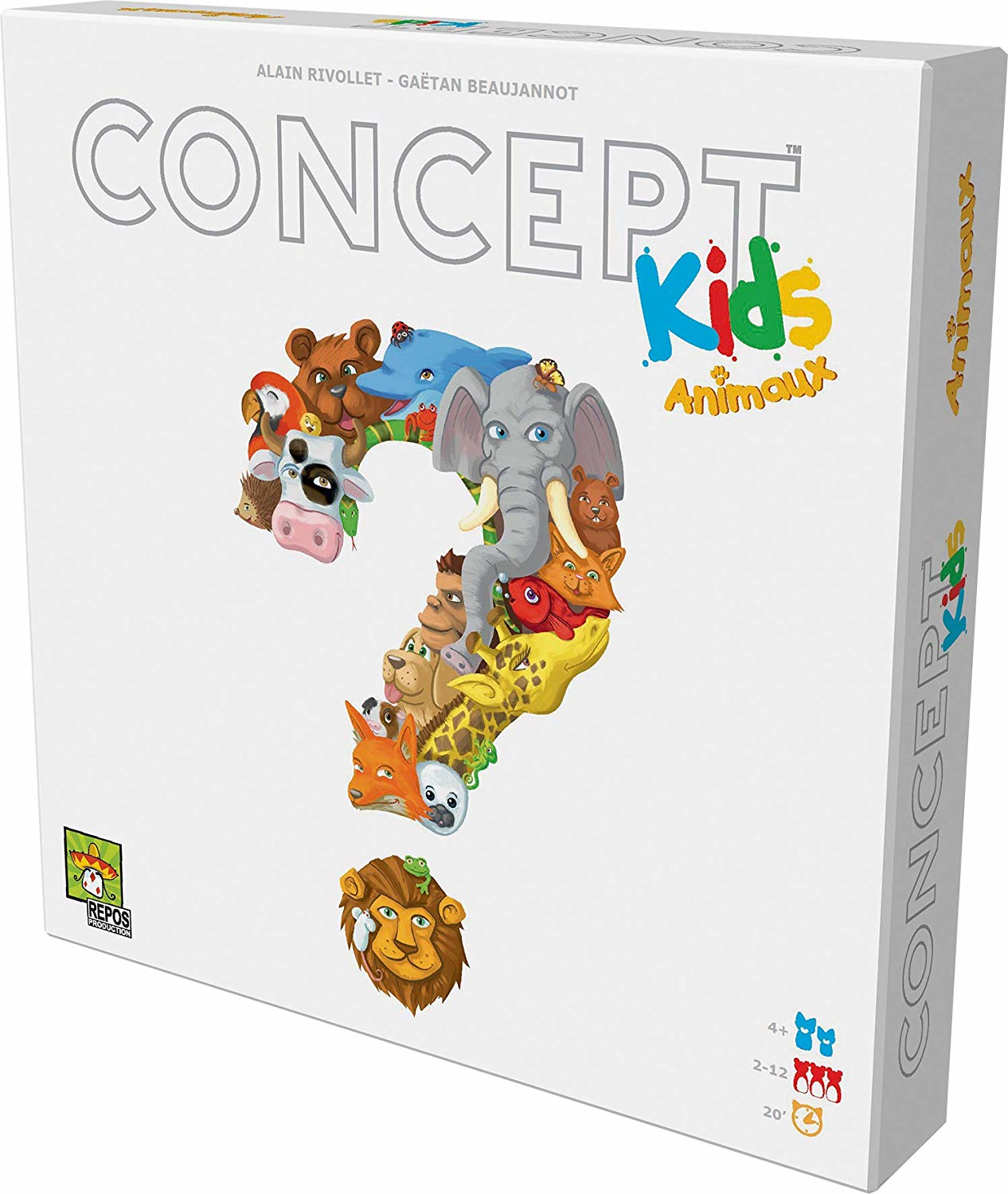 Una scatola di gioco intitolata "Concept Kids Animaux", con un punto interrogativo fatto di illustrazioni di animali. La scatola è bianca con testo colorato.
