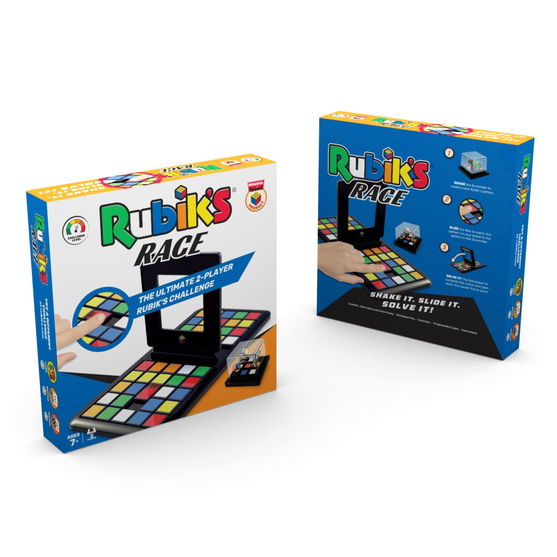 Dos cajas del juego Rubik's Race. Una muestra el tablero, la otra las instrucciones y un cubo revuelto.