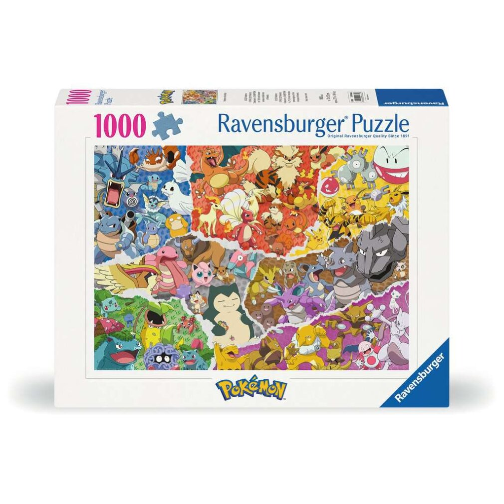 Pudełko puzzli Pokemon Ravensburger 1000 elementów. Puzzle przedstawiają wiele postaci Pokemon. Pudełko jest białe z niebieskimi akcentami.