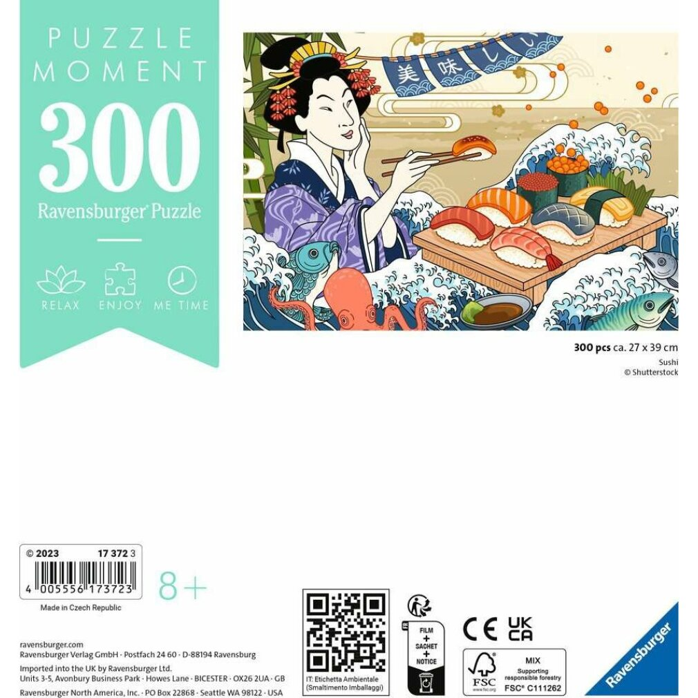 Caja de rompecabezas con ilustración de una mujer, sushi y olas. Texto en japonés. Logotipo de Ravensburger abajo.