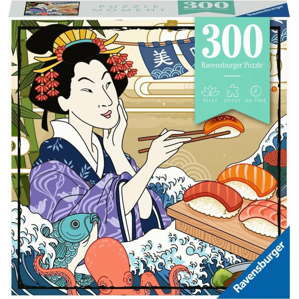 Rompecabezas de mujer en kimono con sushi y palillos, olas, peces y pulpo.