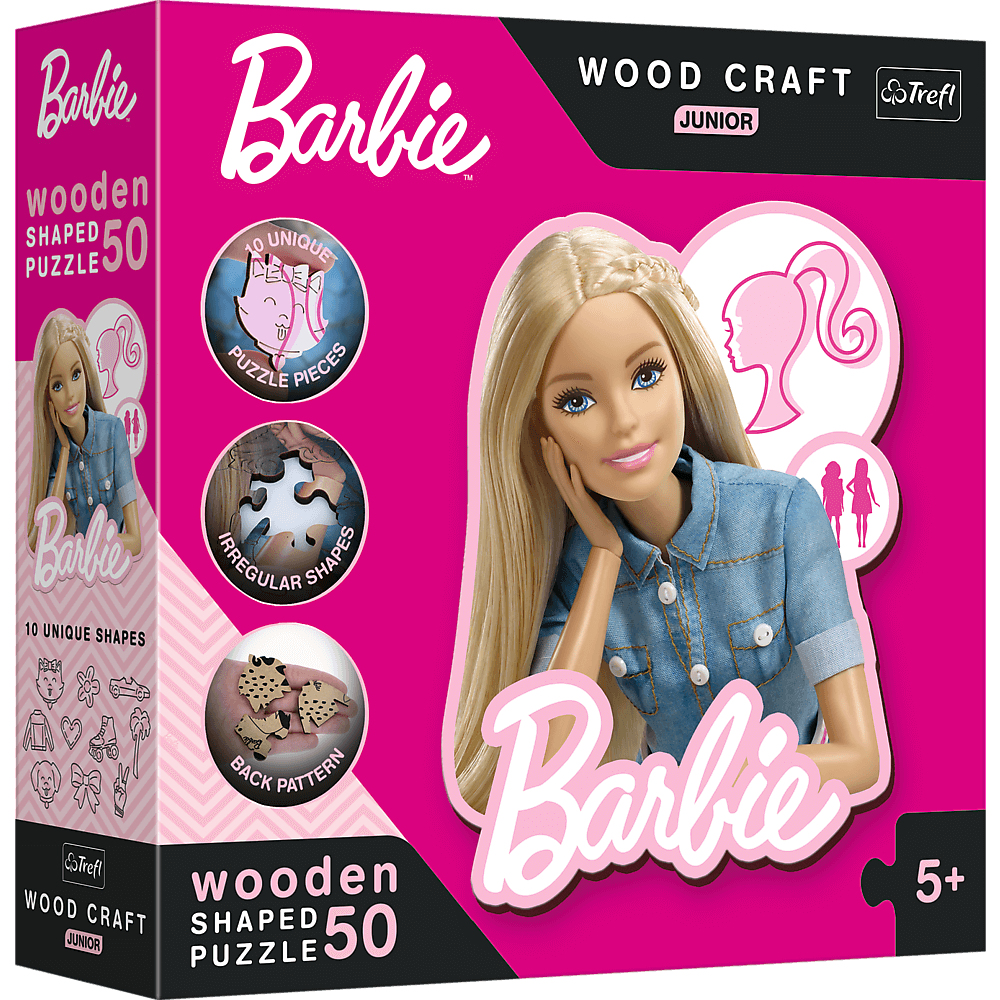 Scatola di puzzle in legno di Barbie con immagine e dettagli del puzzle. Sfondo rosa, Barbie bionda e pezzi del puzzle visibili.
