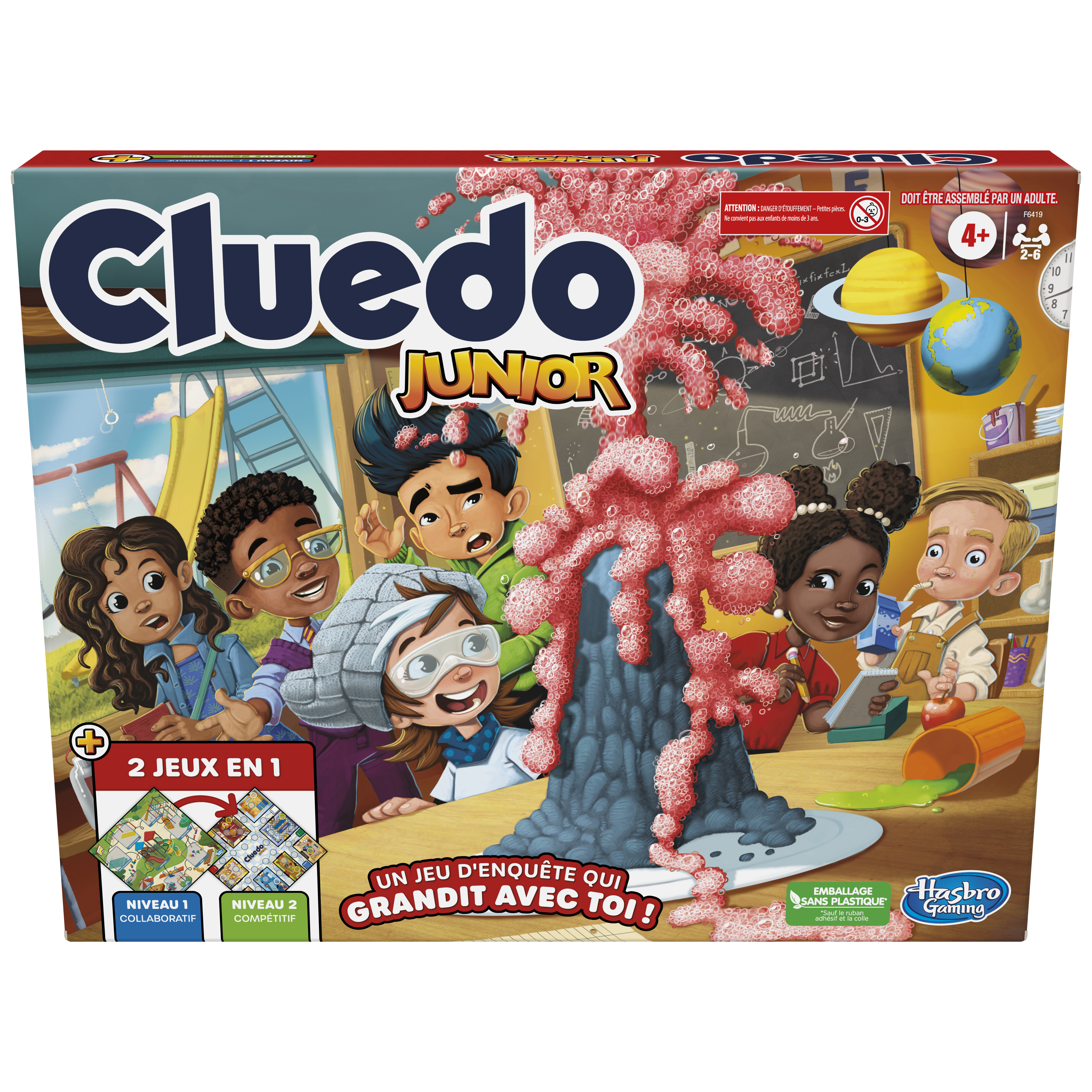 Scatola di Cluedo Junior. Bambini attorno a un vulcano in eruzione con schiuma rossa. Contiene pezzi del gioco.
