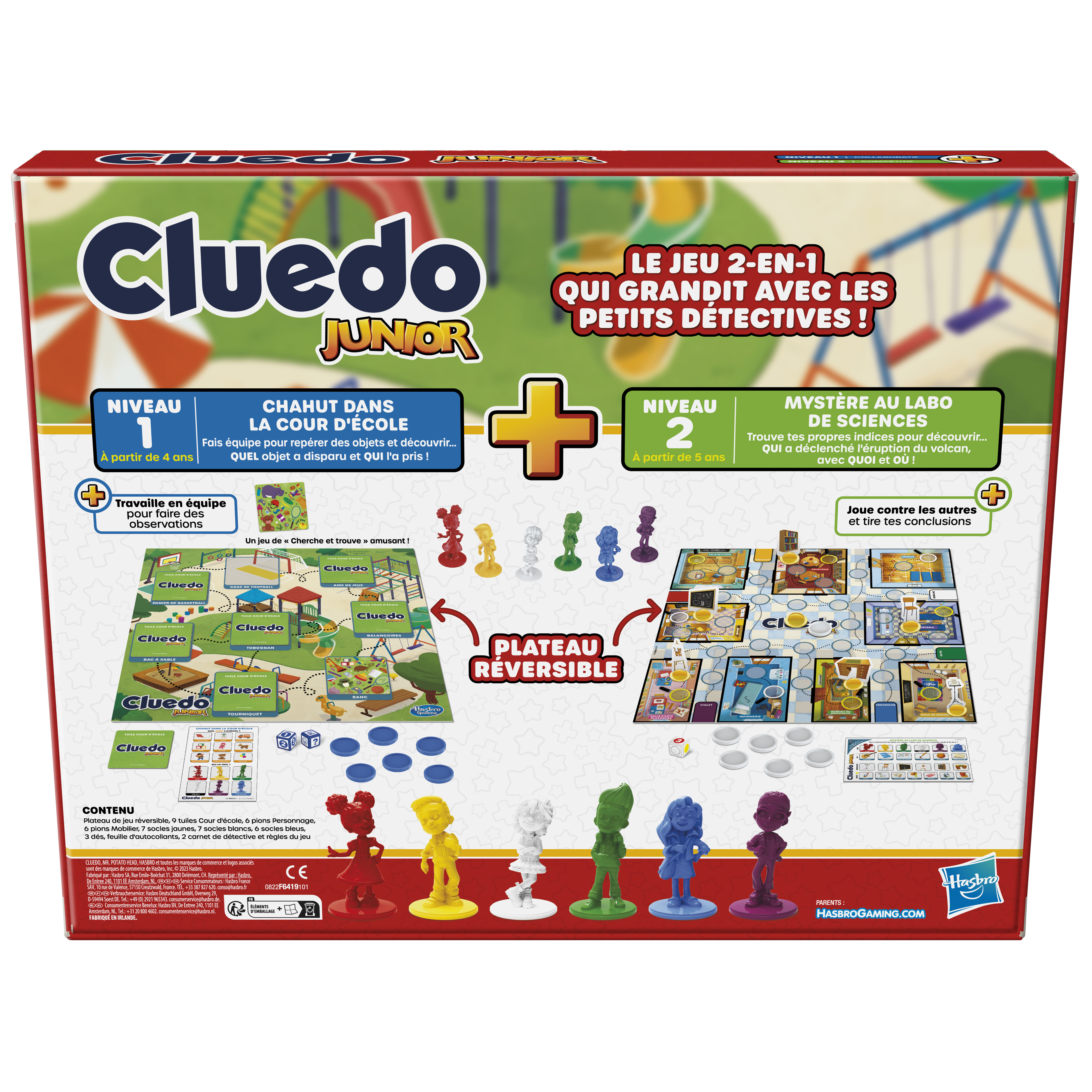 Scatola Cluedo Junior. Sono visibili due tabelloni, personaggi, dadi e pedine.