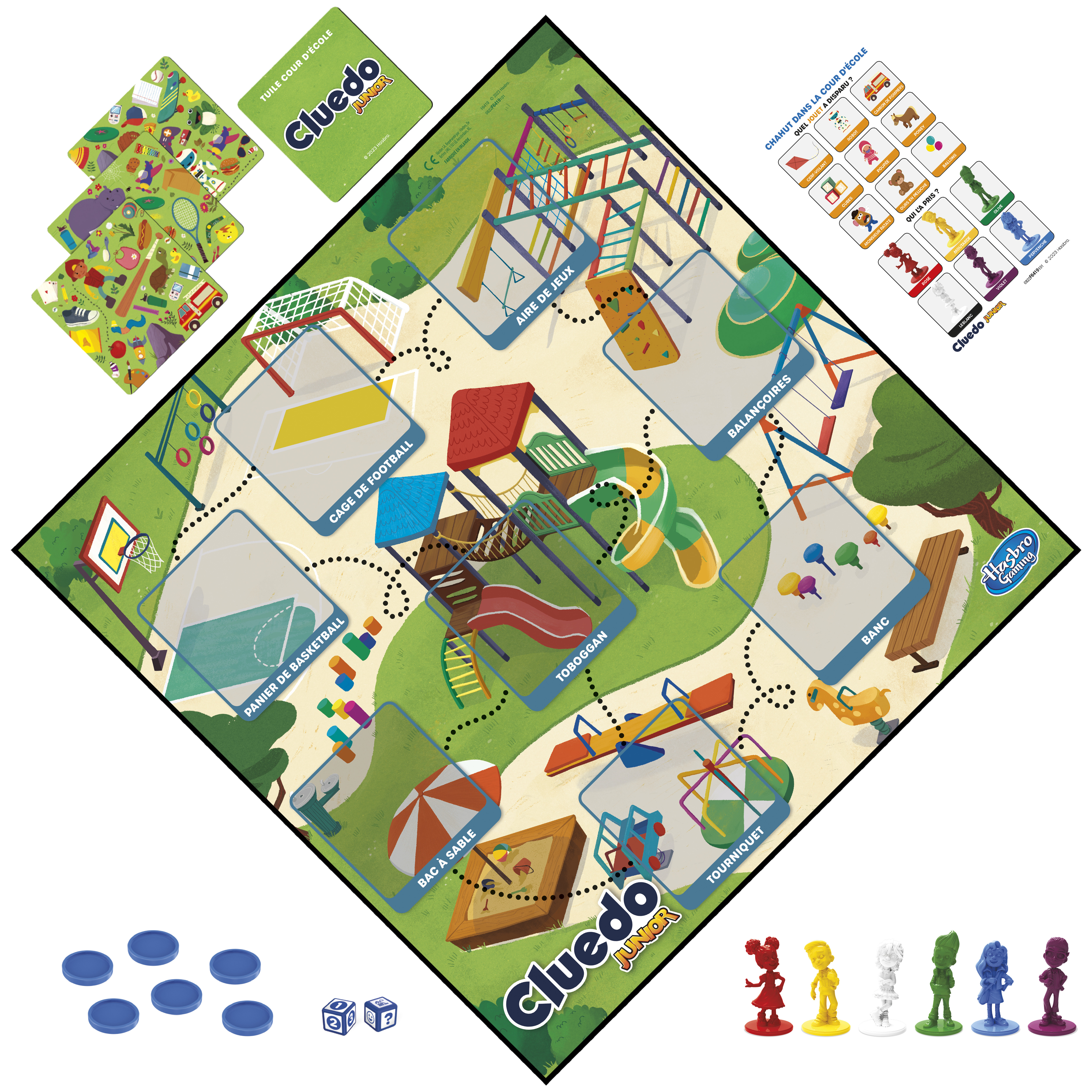Tabellone di gioco Cluedo Junior con parco giochi, pedine, carte e dadi. Il tabellone è a forma di diamante.