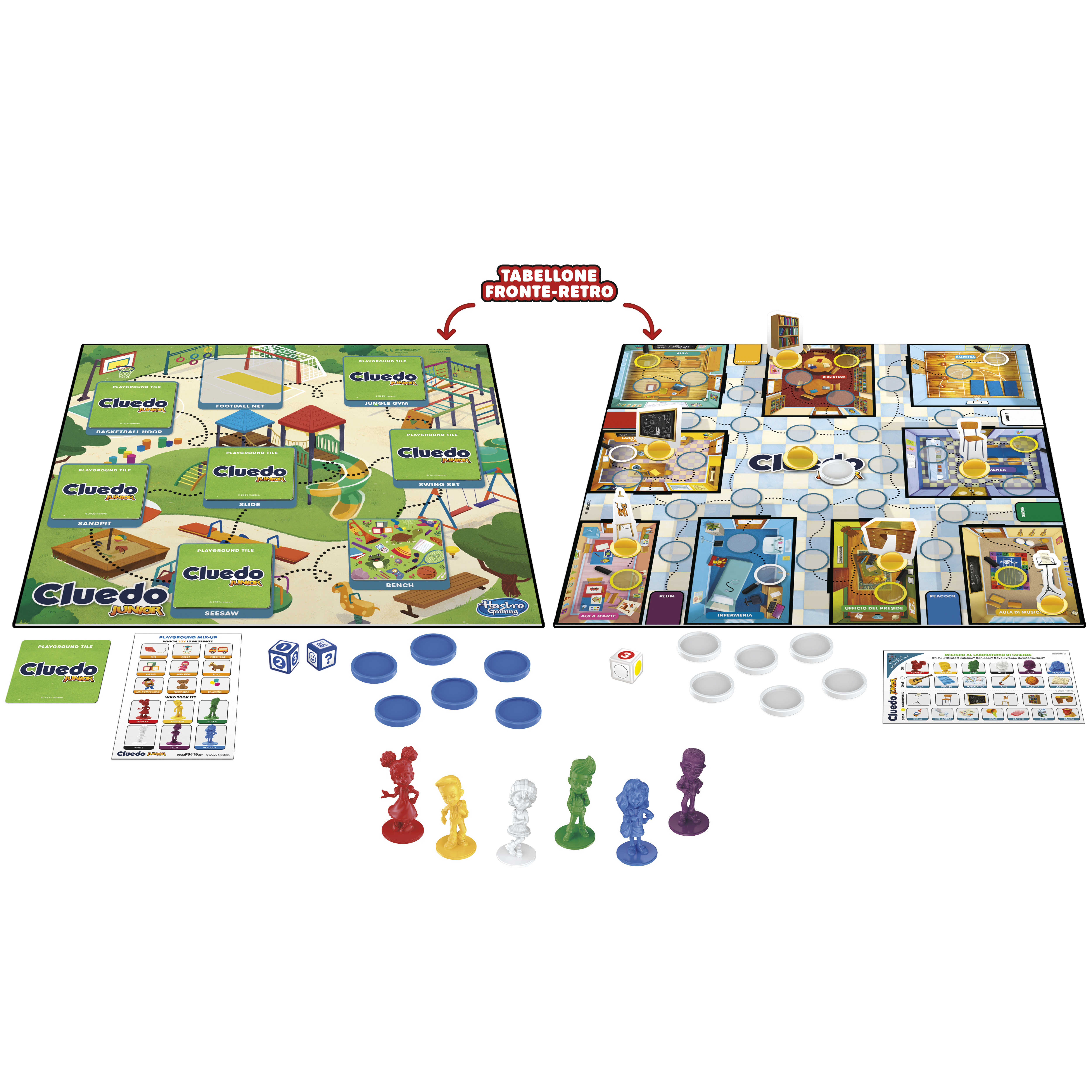 Gioco da tavolo Cluedo Junior con due lati, personaggi, carte, dadi e gettoni, con ambientazioni di parco giochi e interni.