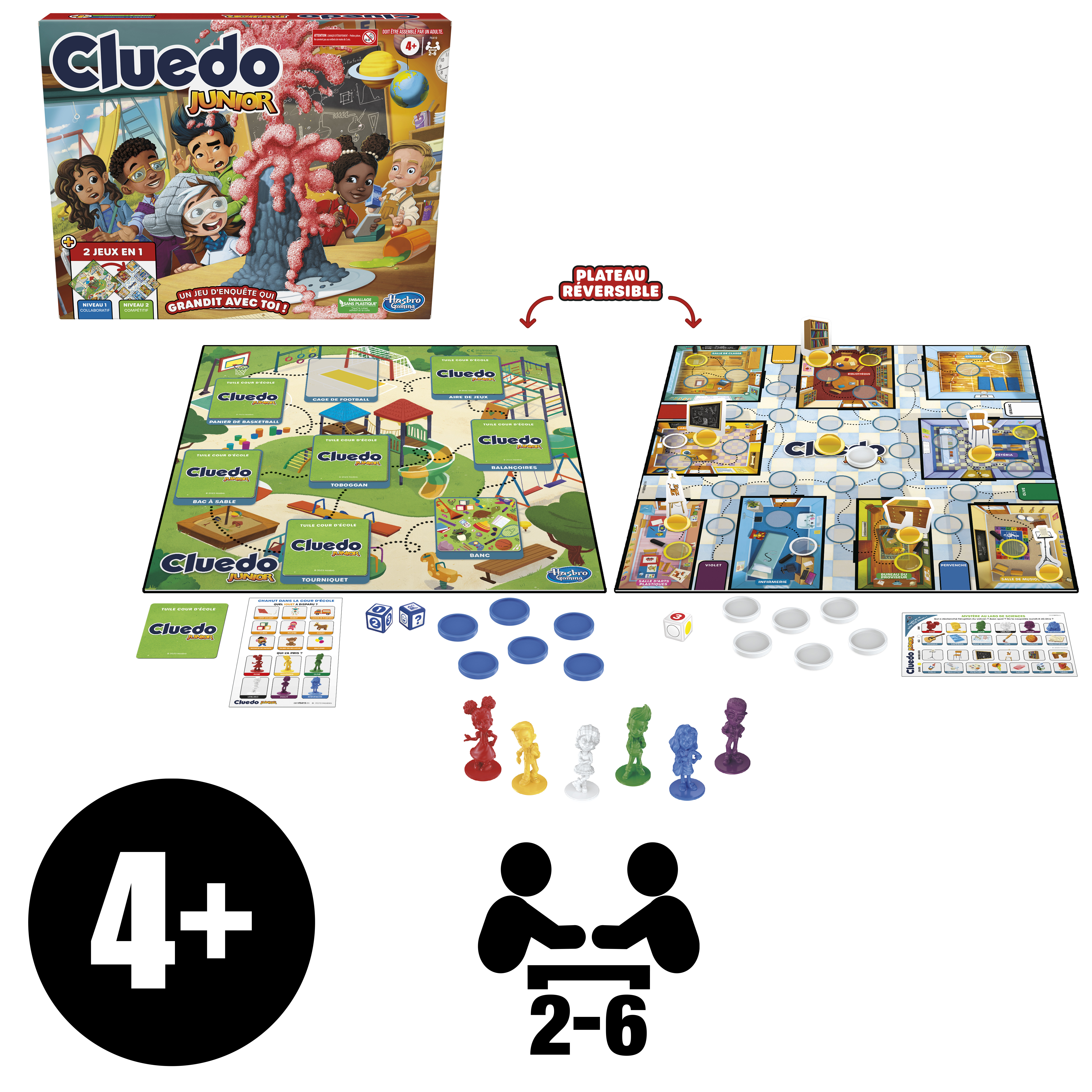 Scatola del gioco Cluedo Junior con tabelloni, pezzi e figurine. Presenta un'etichetta di età 4+ e un conteggio di 2-6 giocatori.