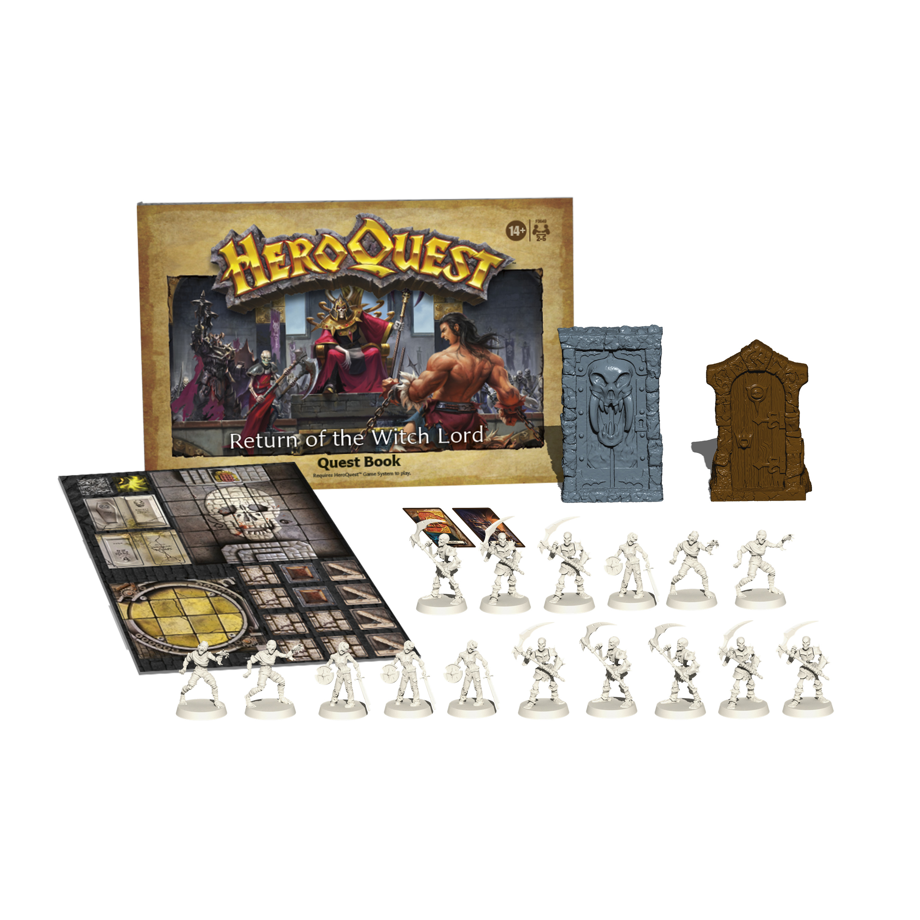 HeroQuest-Brettspiel-Box-Set. Enthält Spielbrett, Miniaturen, Spielsteine ​​und ein Questbuch. Weißer Hintergrund.