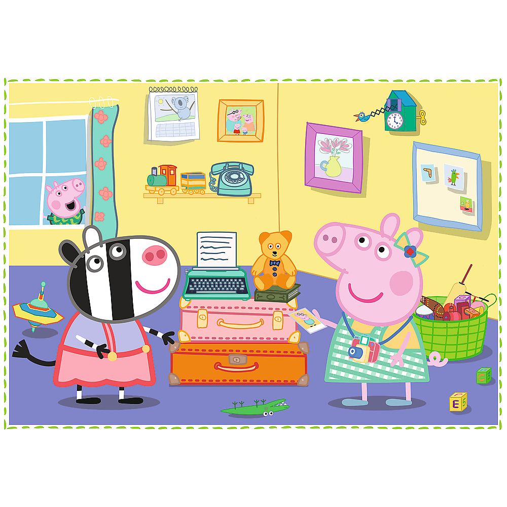 Peppa Pig i Zebra są w pokoju z walizkami. Miś siedzi na walizkach. Świnia wygląda przez okno.