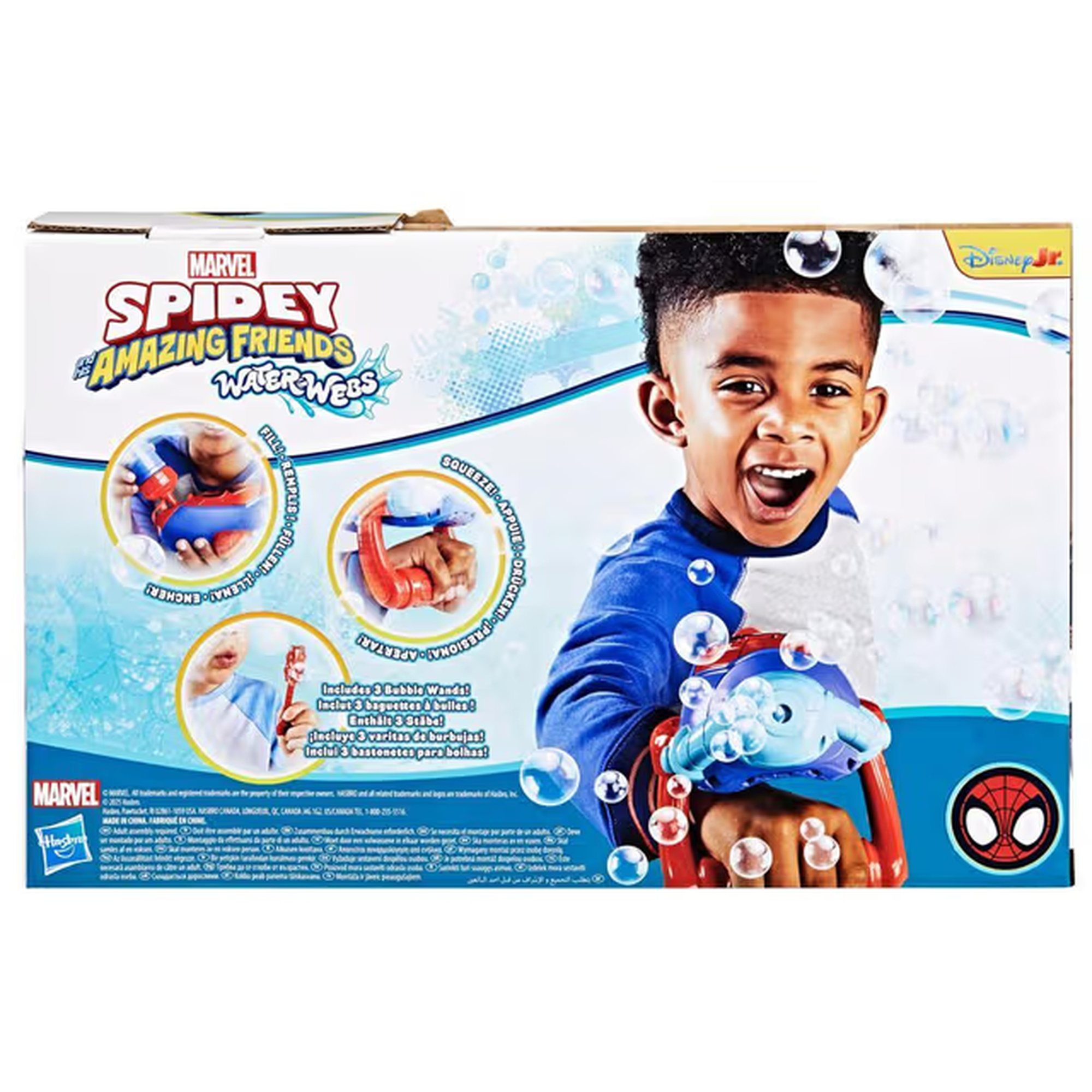 Arte de caja para Spidey y sus Amigos Sorprendentes Water Webs. Un niño sostiene una pistola de burbujas, sonriendo. Burbujas flotan alrededor.