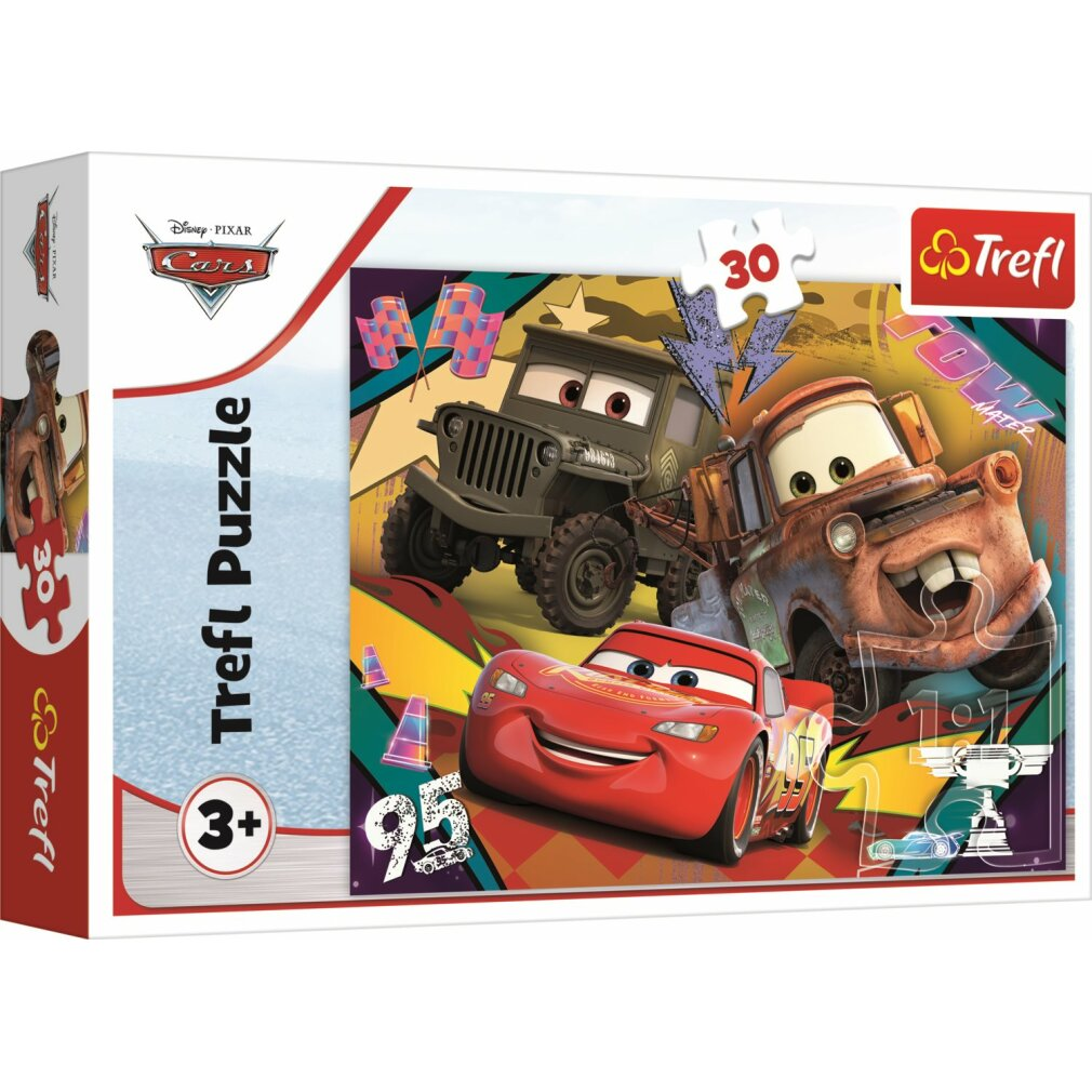 Una scatola di puzzle Trefl. L'immagine mostra i personaggi di Cars: Saetta McQueen, Mater e Sergente. Lo sfondo ha bandiere e un trofeo.