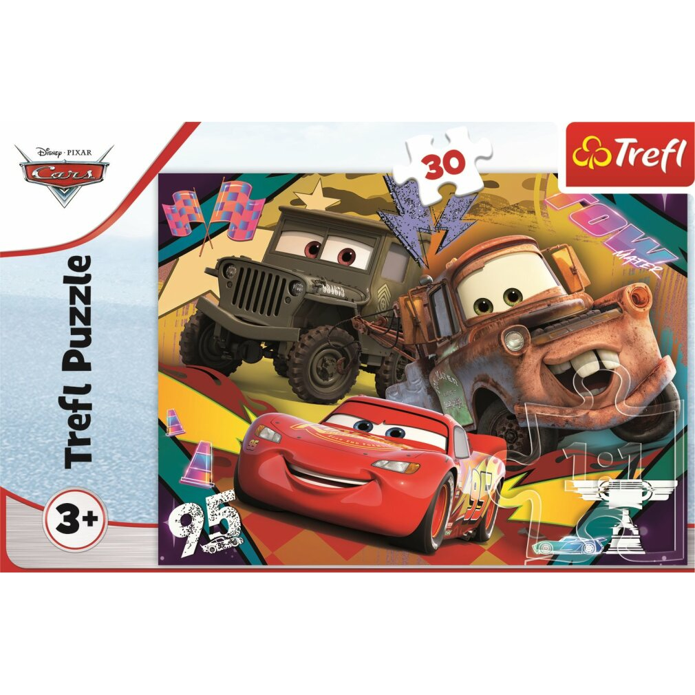 Scatola di puzzle Cars con Saetta McQueen, Mater e Sergente. Lo sfondo presenta bandiere e un pezzo di puzzle con il numero 30.