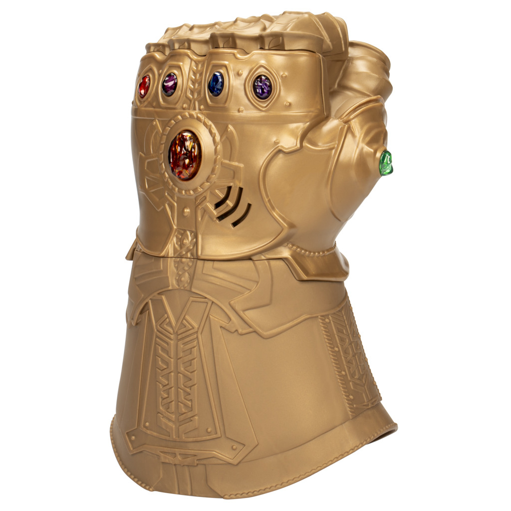 Ein goldener Infinity-Handschuh mit bunten Steinen. Es ist ein Handschuh mit detaillierten Designs, vor weißem Hintergrund.