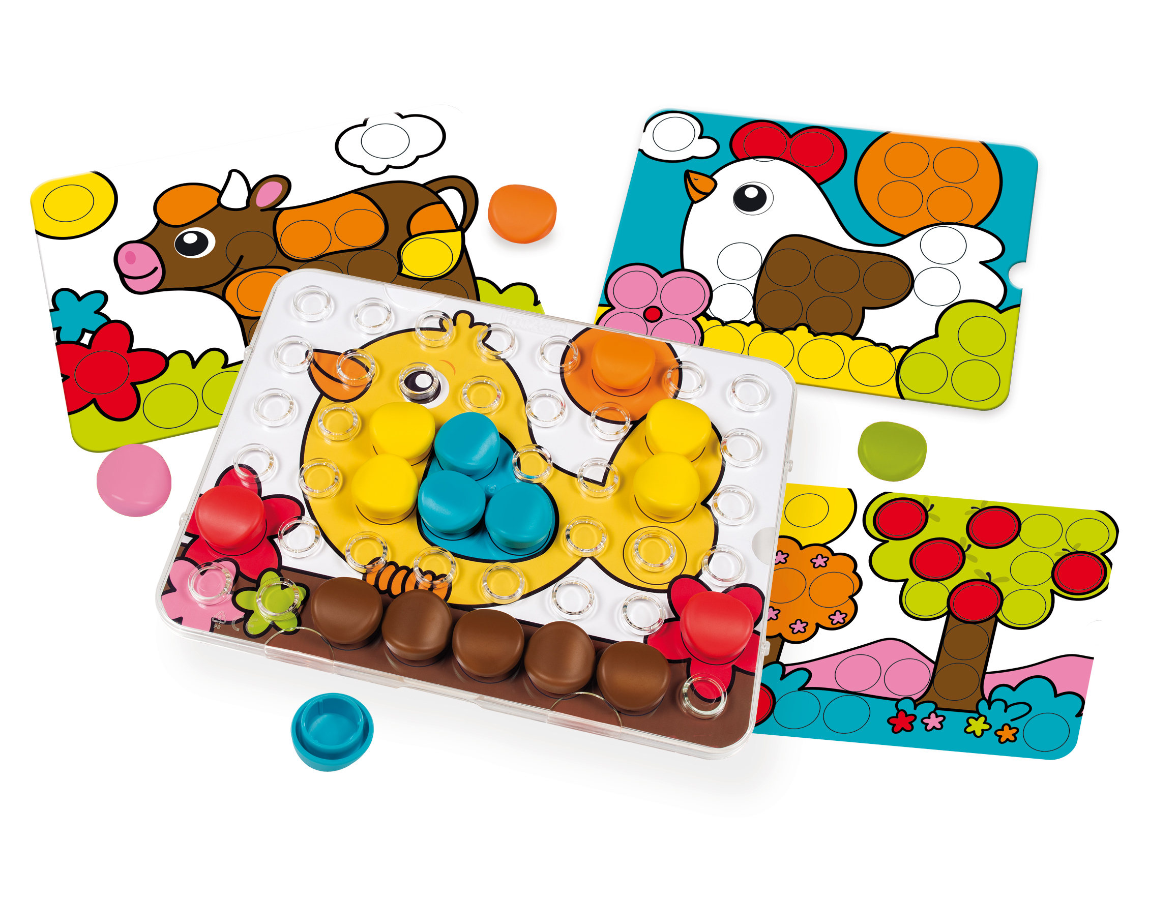 Ein Kinderpuzzle mit Tierbildern und farbigen Stiften. Enthält eine Kuh, ein Huhn und ein Küken, mit farbigen Stiften zum Zuordnen.
