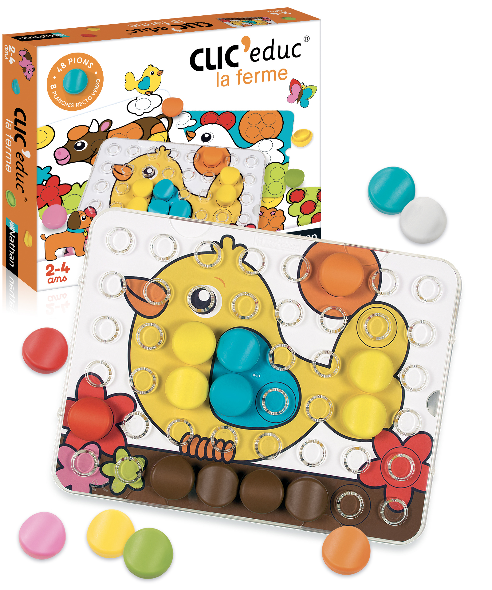 Ein Kinderspielzeug, Clic Educ, mit Bauernhof-Motiv. Es enthält ein Brett mit einem Küken-Design und farbigen Stiften.