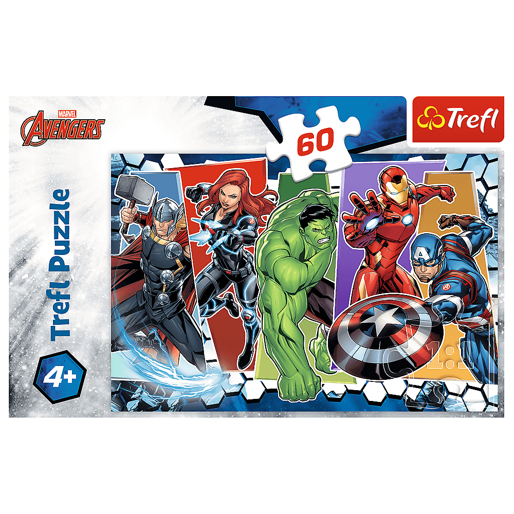 Pudełko z puzzlami z postaciami Avengers. Thor, Czarna Wdowa, Hulk, Iron Man i Kapitan Ameryka. Zawiera logo Trefl.