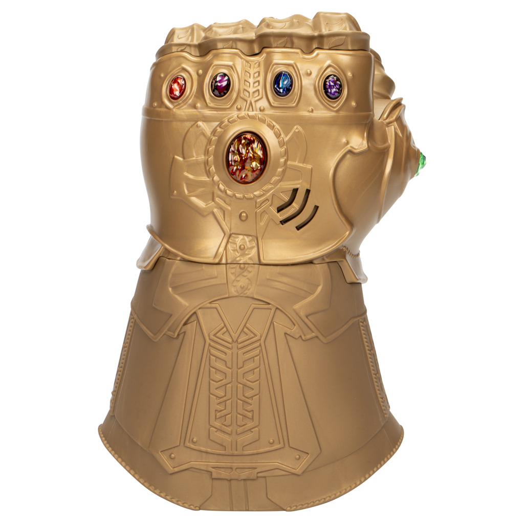 Ein goldener Handschuh mit sechs farbigen Edelsteinen. Es ist eine Requisite aus dem Marvel-Universum, wahrscheinlich Thanos' Infinity Gauntlet.