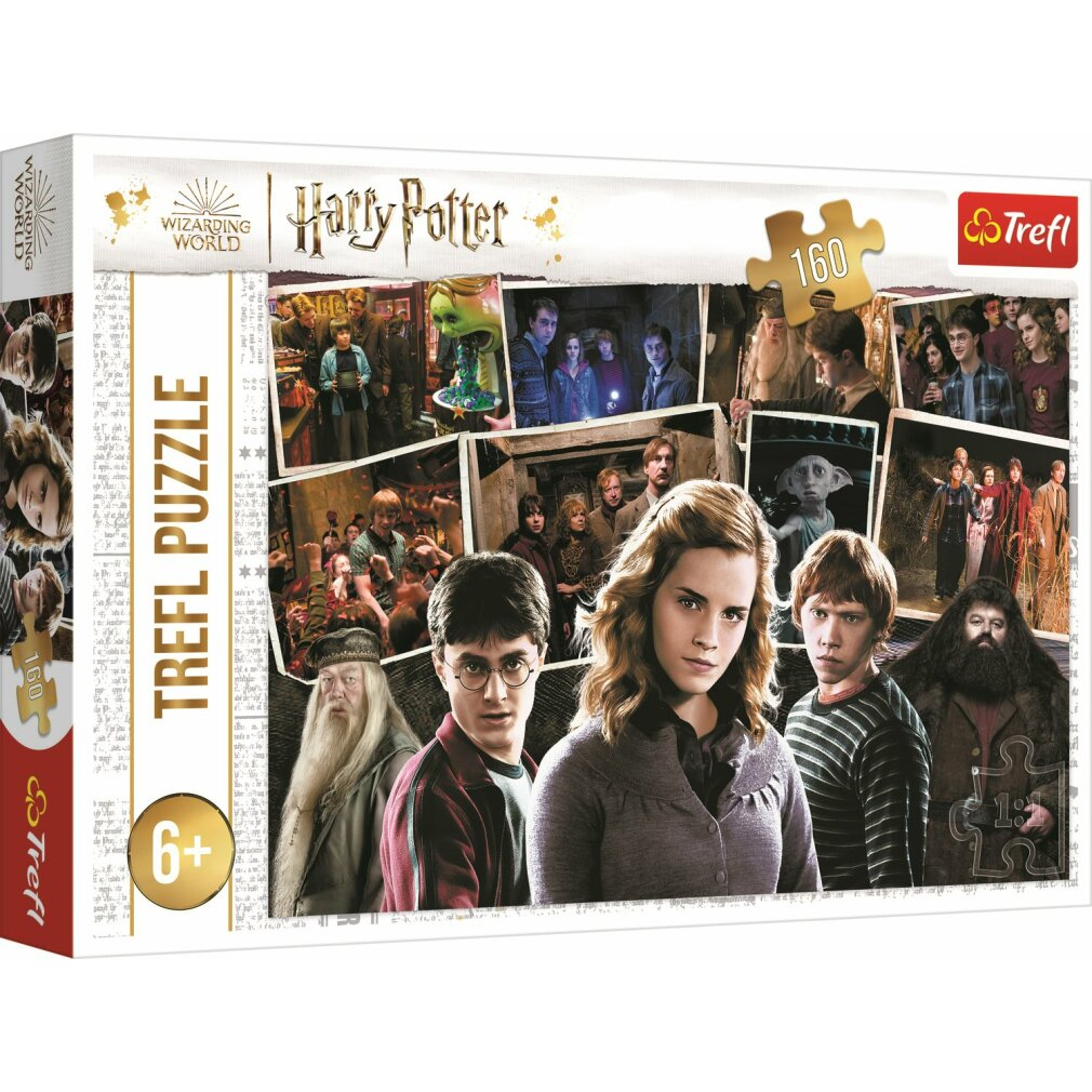 Scatola di puzzle di Harry Potter. Presenta personaggi come Harry, Hermione, Ron e Hagrid, insieme a varie scene dei film.