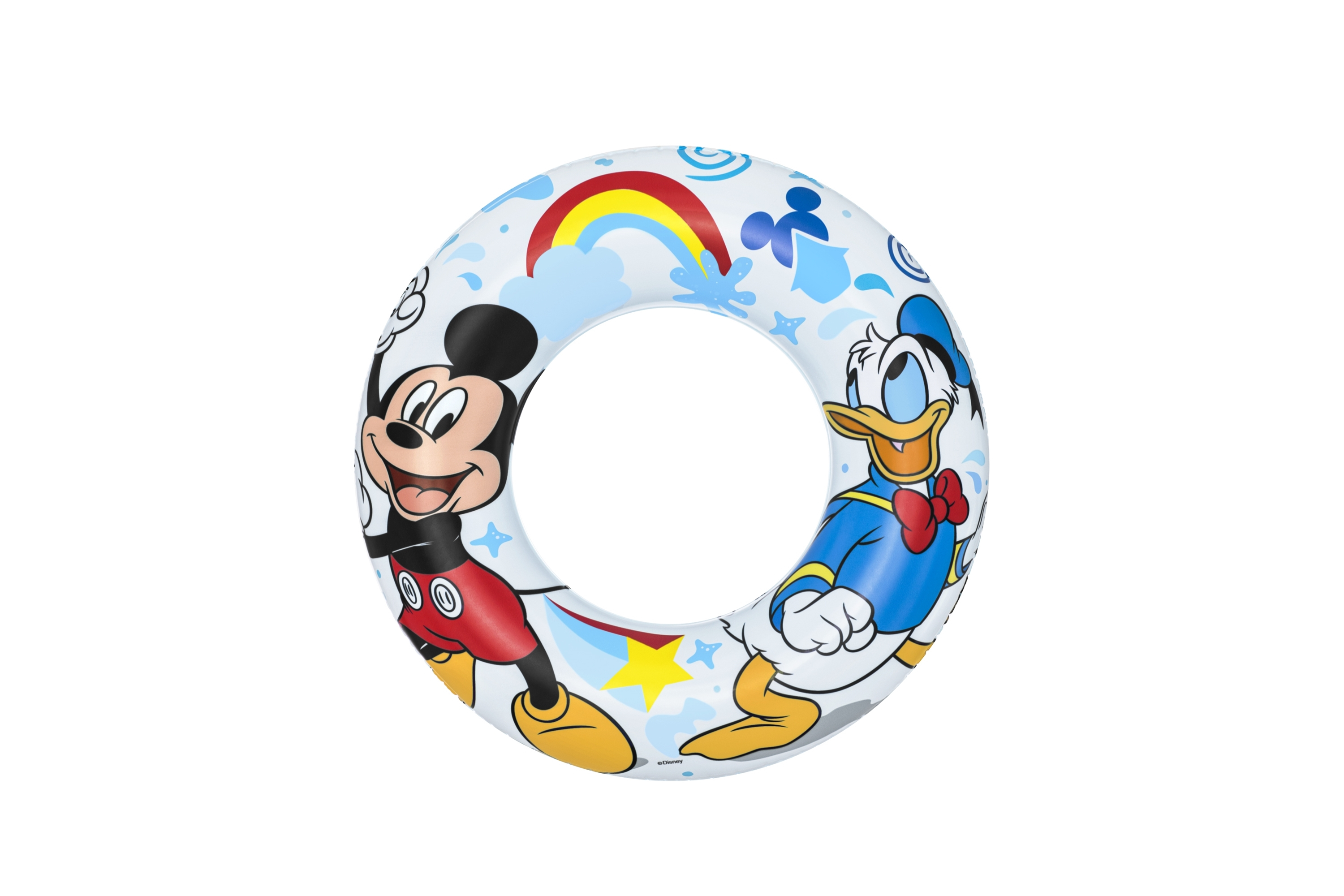 Un anillo inflable blanco con Mickey Mouse y el Pato Donald. Tiene un arcoíris, nubes, estrellas y gotas de agua.