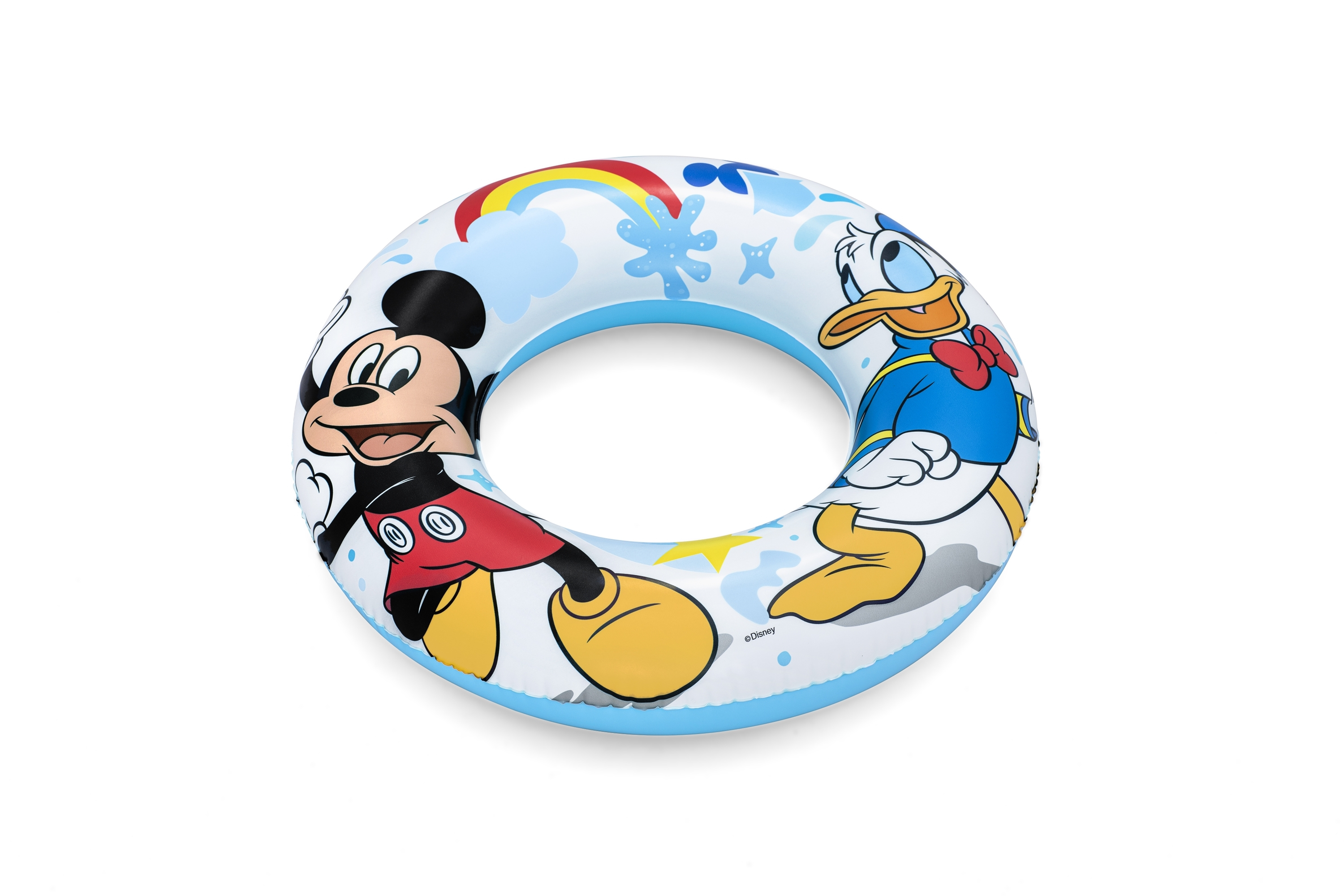 Flotador inflable redondo con diseños de Mickey Mouse y Pato Donald, arcoíris, nubes y estrellas, sobre fondo blanco.