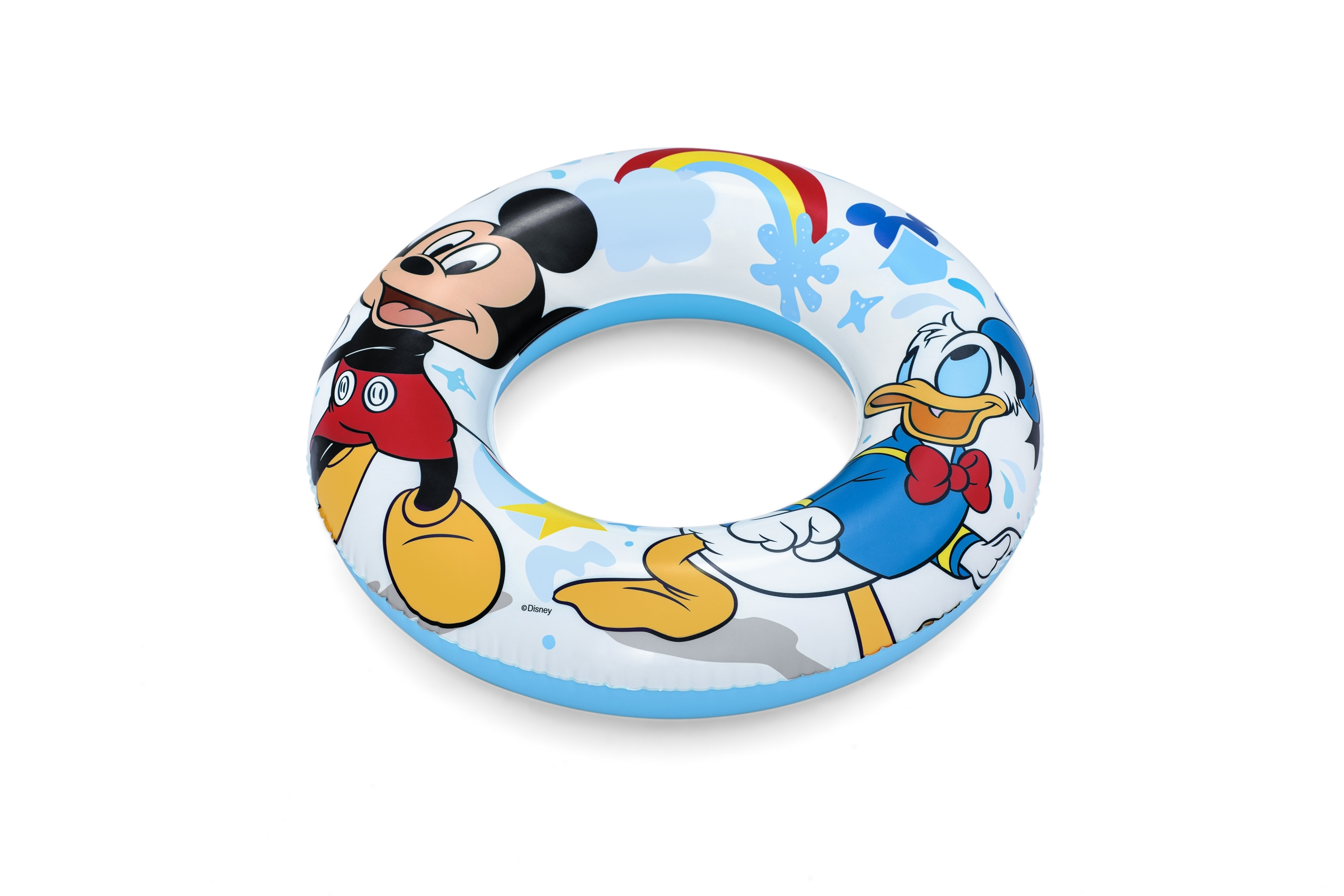 Un flotador inflable de Mickey Mouse y Pato Donald. Tiene un diseño azul y blanco con un arcoíris.