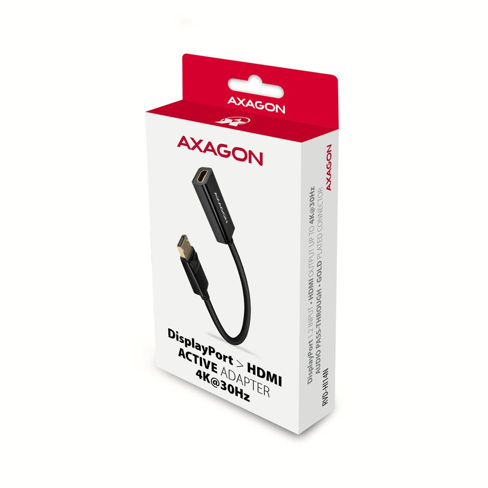 Białe i czerwone pudełko Axagon z czarnym adapterem DisplayPort na HDMI. Tekst zawiera '4K@30Hz' i 'ACTIVE ADAPTER'.